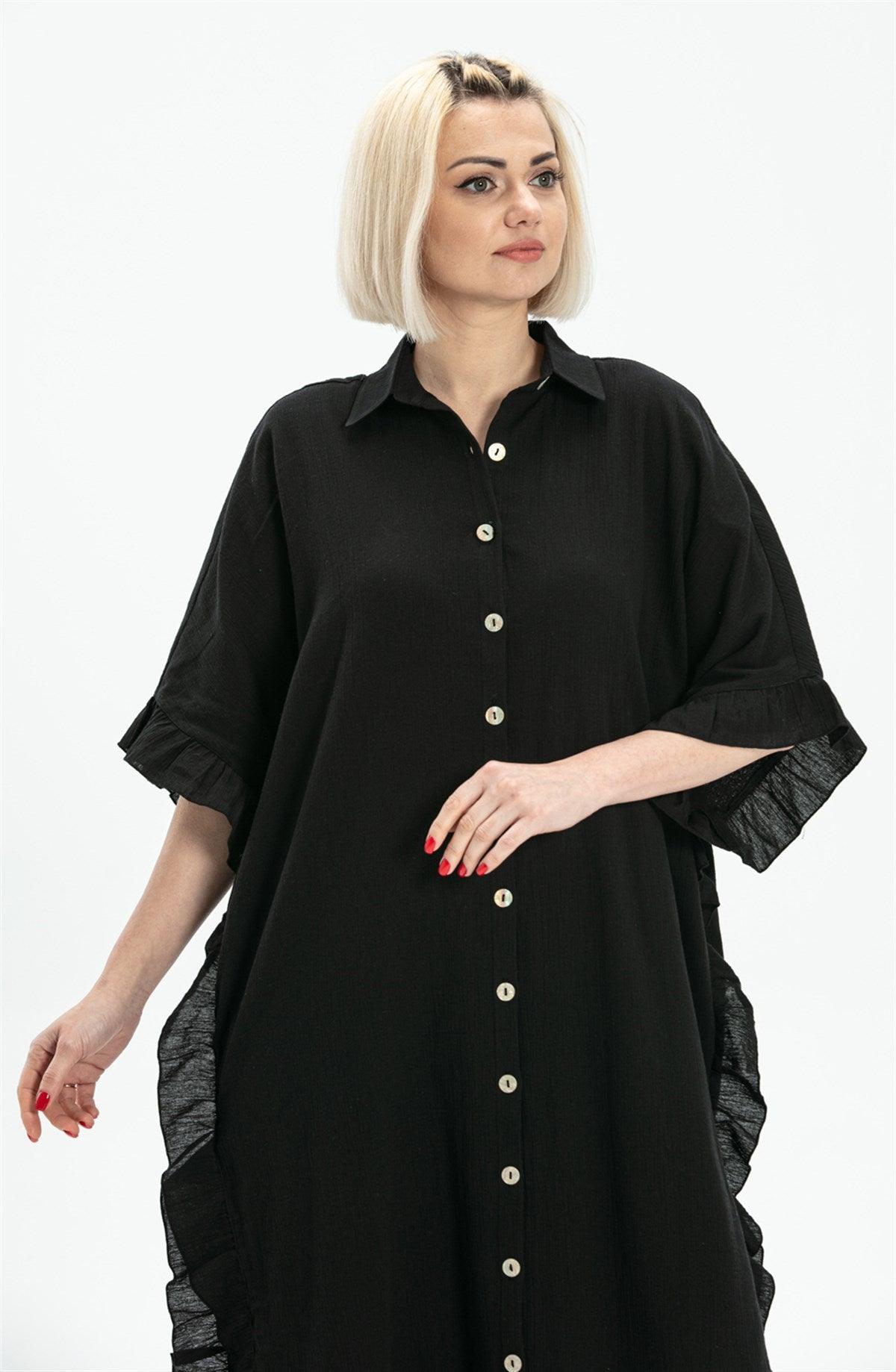 Short Sleeve Ruffle Details and Button Fastening Long Shirt Dress - trendynow