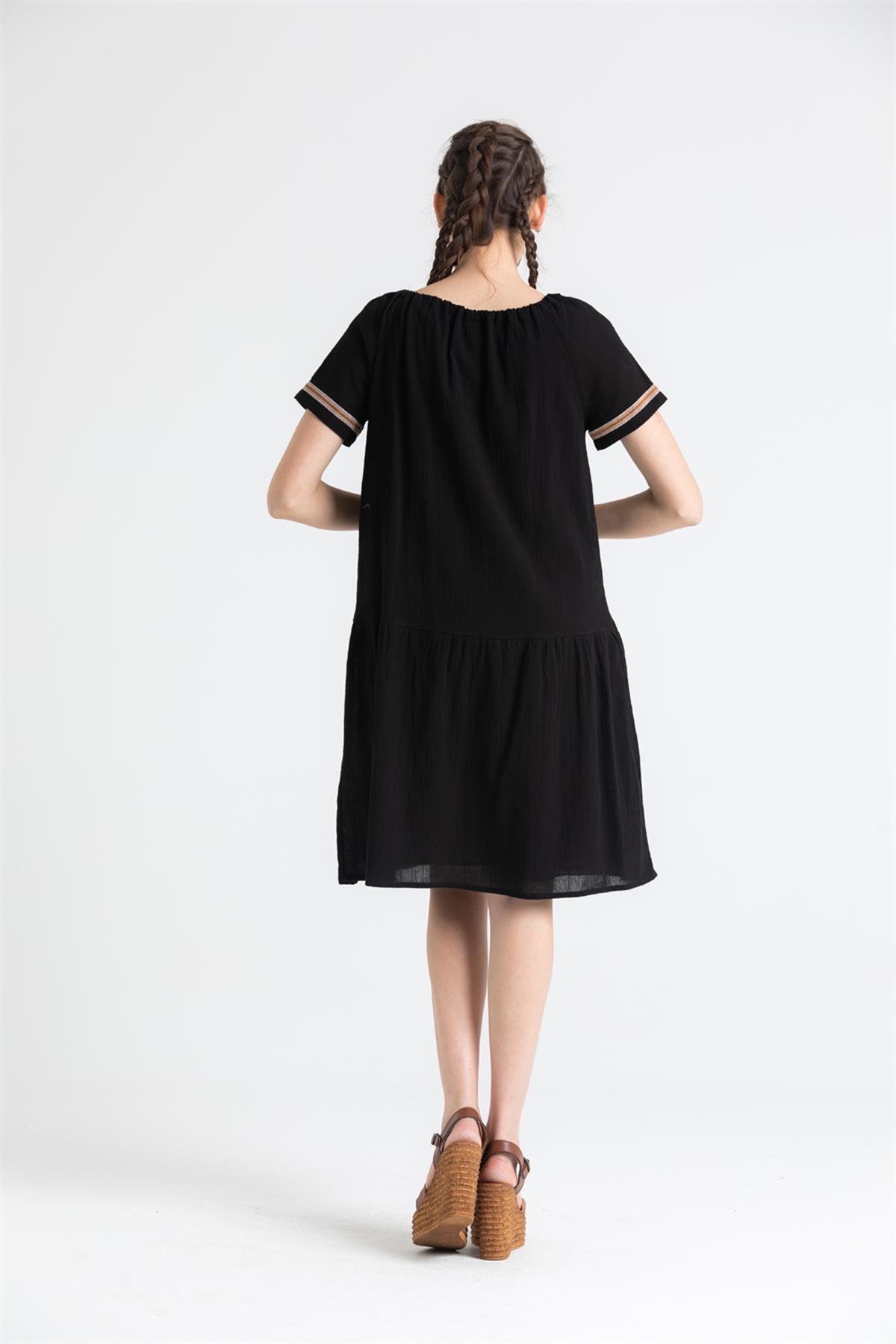 Short Sleeve Sile Cloth Embroidered Tassel - tie Neck Short Dress - trendynow