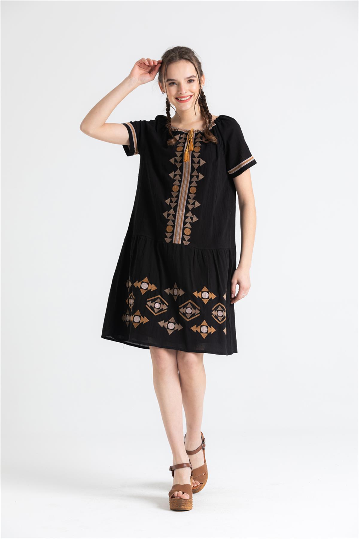 Short Sleeve Sile Cloth Embroidered Tassel - tie Neck Short Dress - trendynow