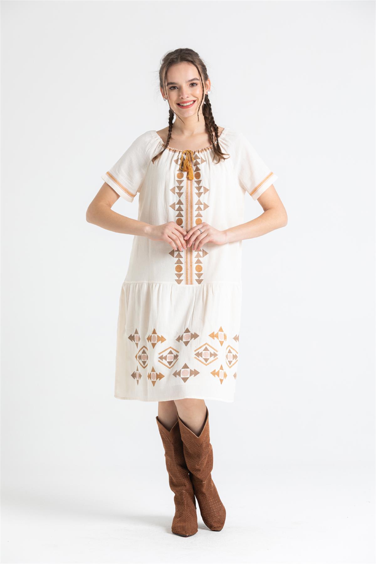 Short Sleeve Sile Cloth Embroidered Tassel - tie Neck Short Dress - trendynow