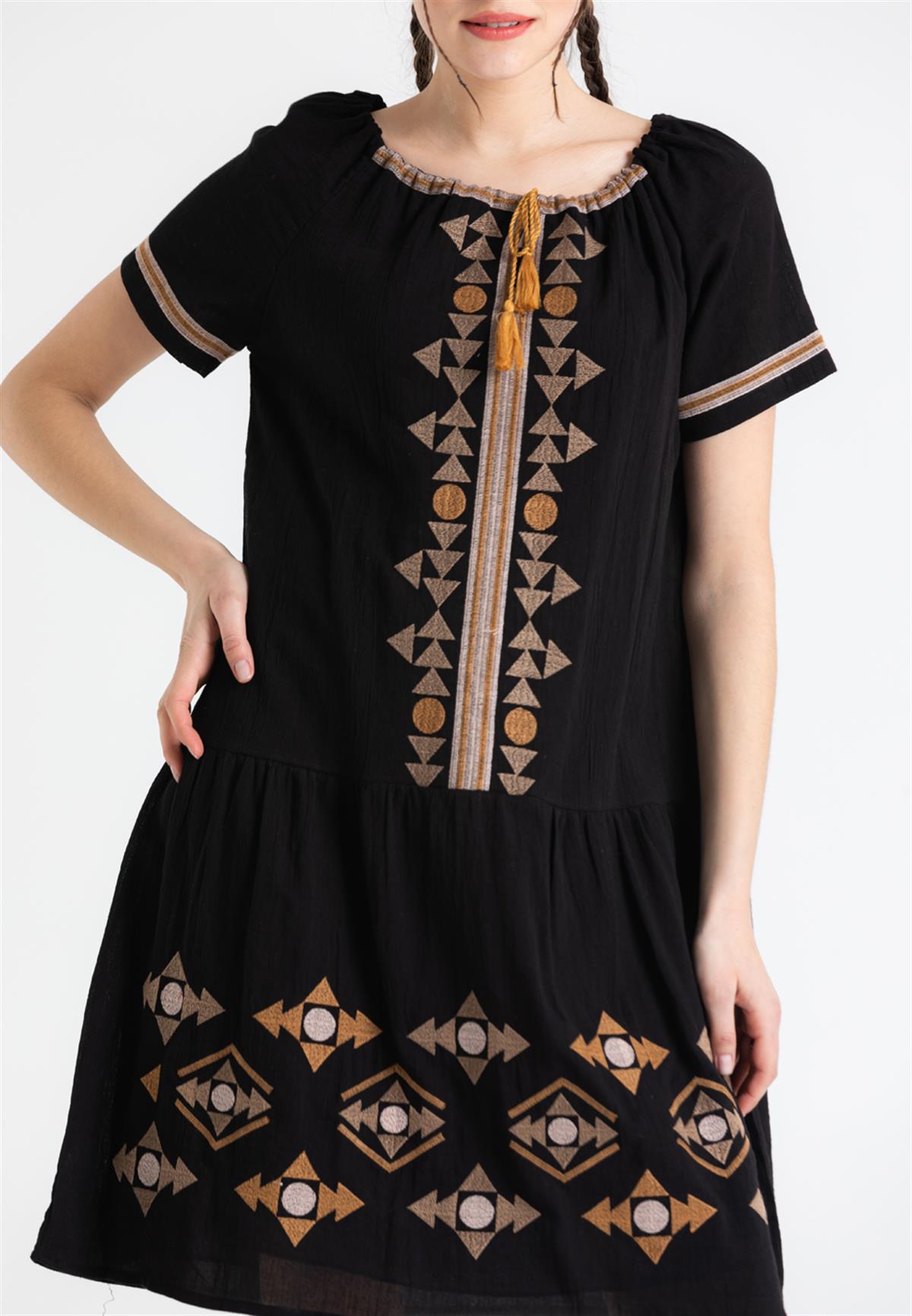 Short Sleeve Sile Cloth Embroidered Tassel - tie Neck Short Dress - trendynow