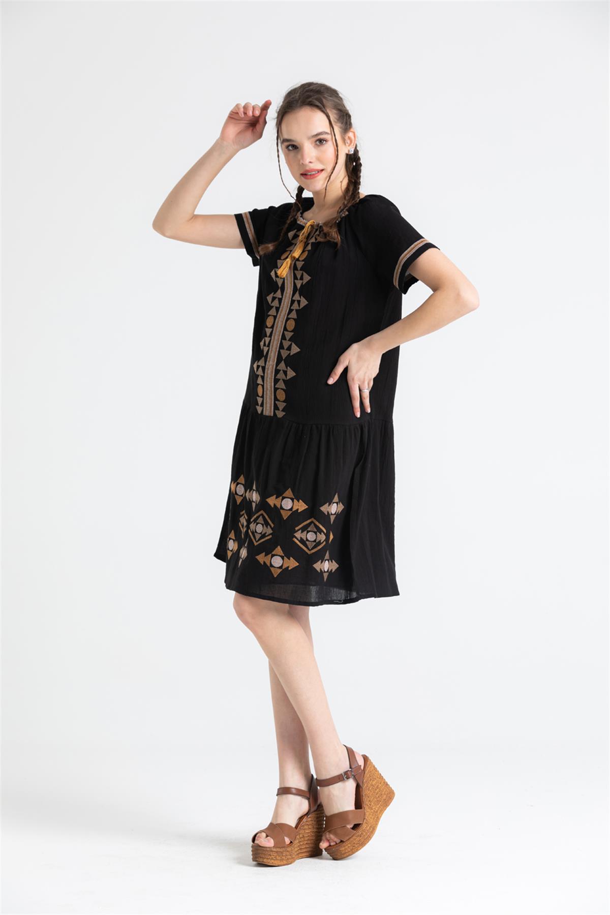 Short Sleeve Sile Cloth Embroidered Tassel - tie Neck Short Dress - trendynow