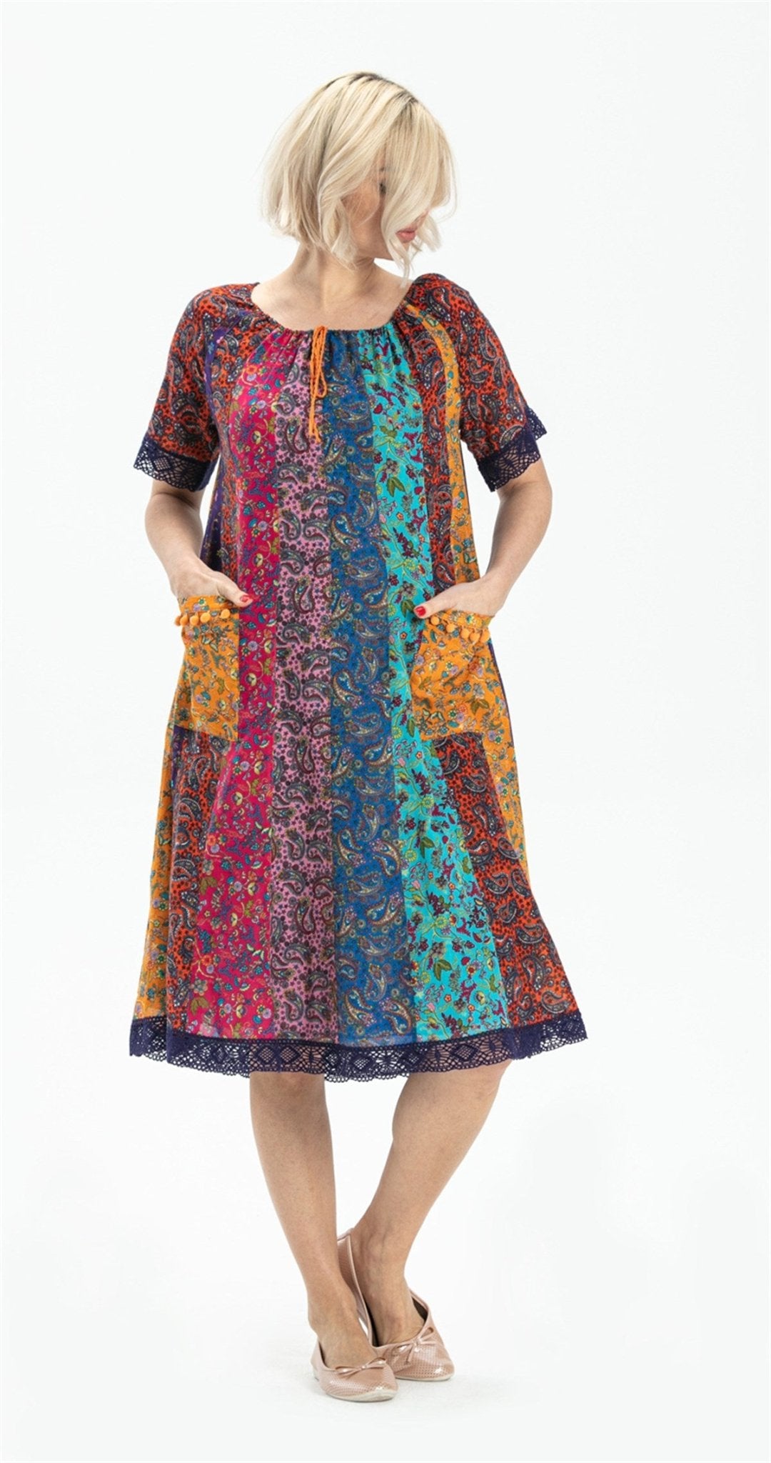 Short Sleeve Voile Patchwork Short Colorful Dress - trendynow