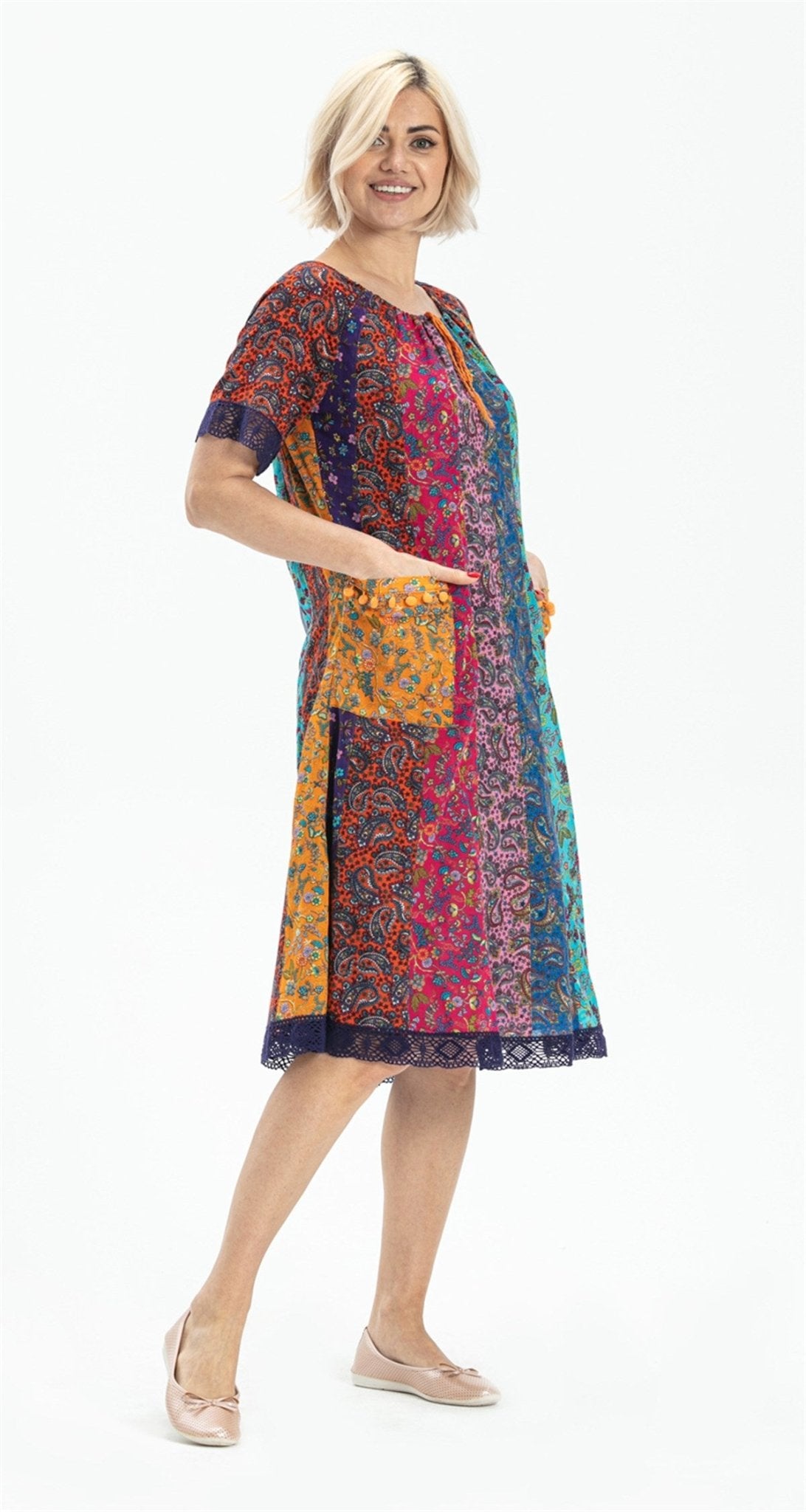 Short Sleeve Voile Patchwork Short Colorful Dress - trendynow