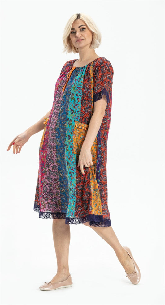 Short Sleeve Voile Patchwork Short Colorful Dress - trendynow