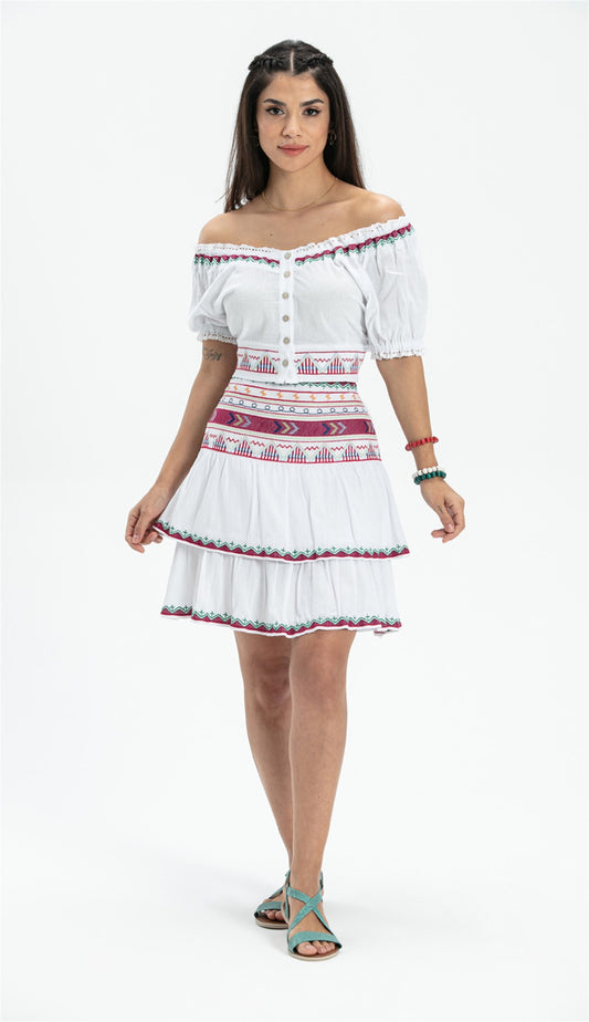 Ethnic Embriodered White Flare Mini Skirt