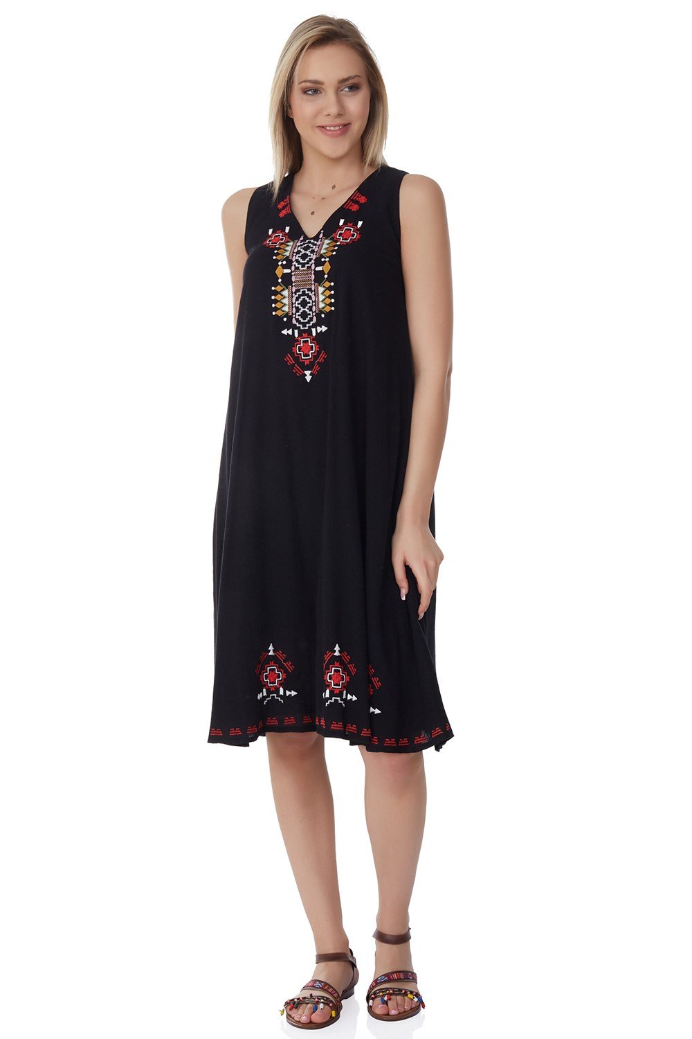 Sleeveless Ethnic Embroidery Midi Length Dress made of Sile Cloth - trendynow