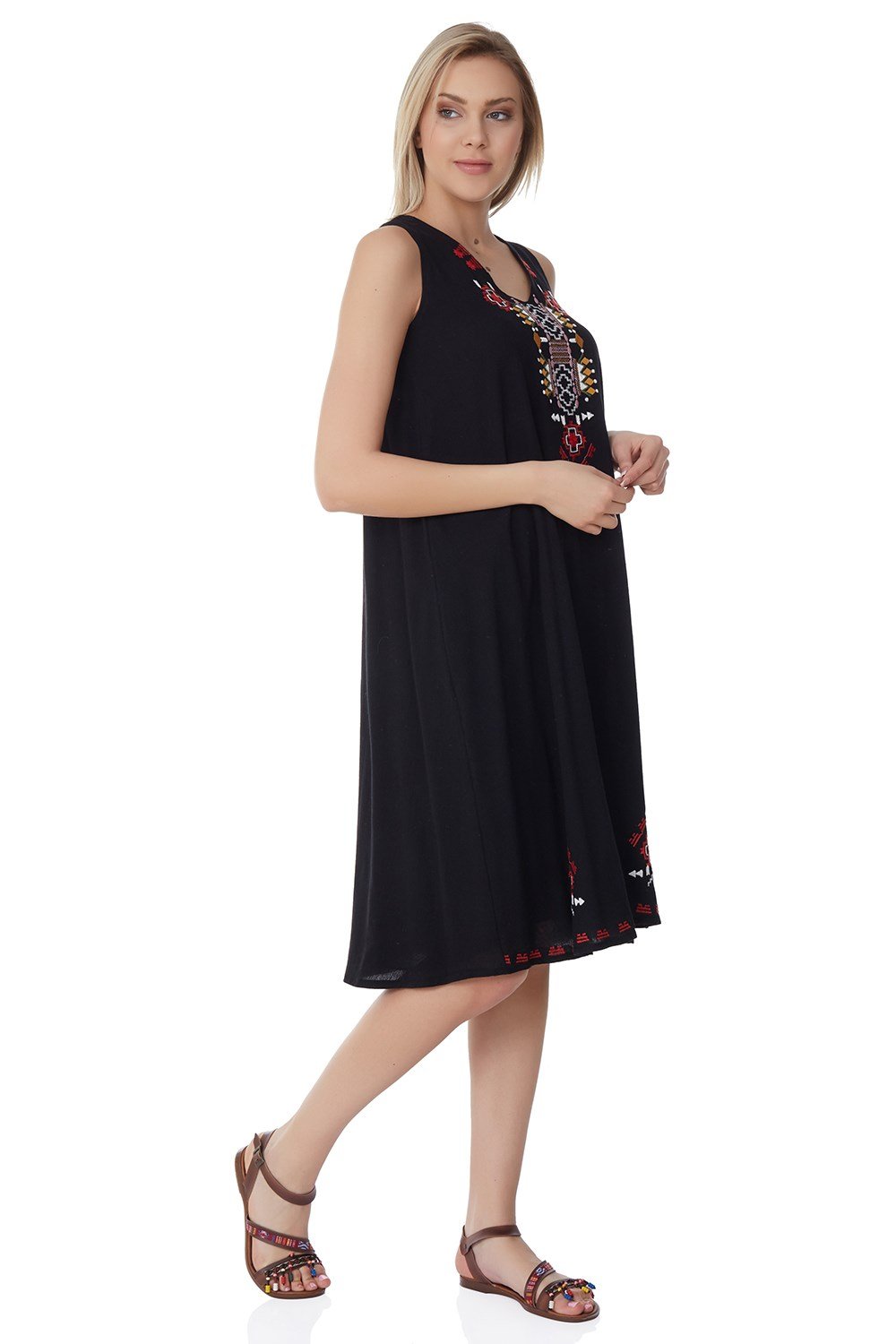 Sleeveless Ethnic Embroidery Midi Length Dress made of Sile Cloth - trendynow