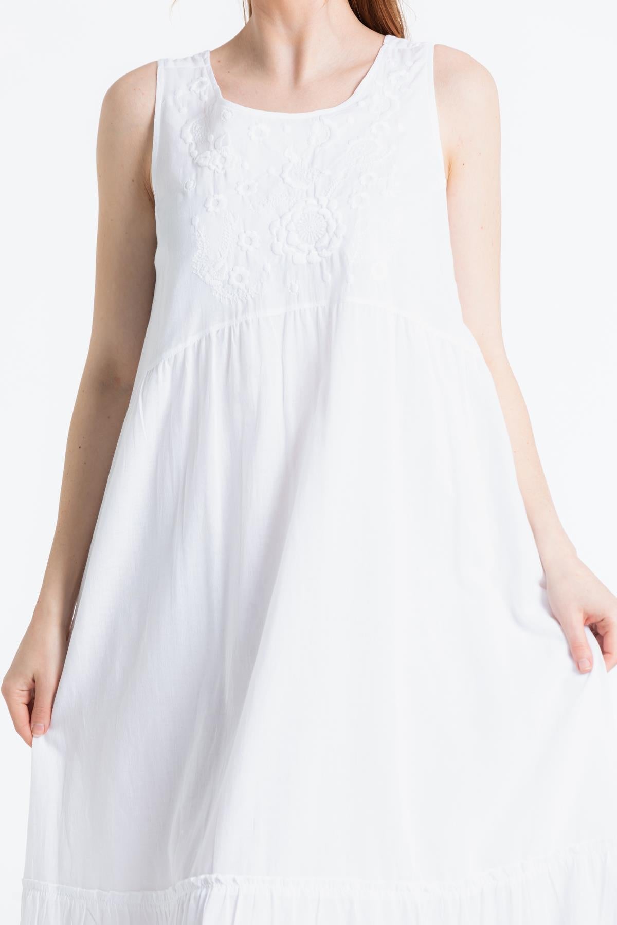 Sleeveless Sile Cloth Embroidered Maxi Dress with Tie - back Detail - trendynow