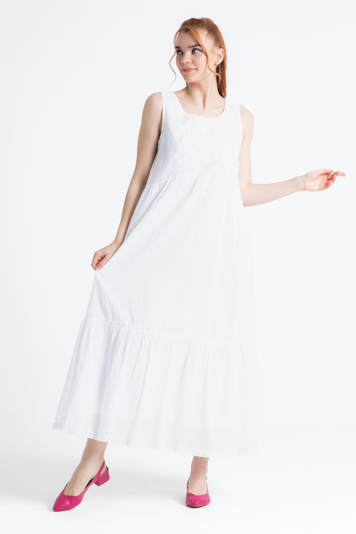 Sleeveless Sile Cloth Embroidered Maxi Dress with Tie - back Detail - trendynow