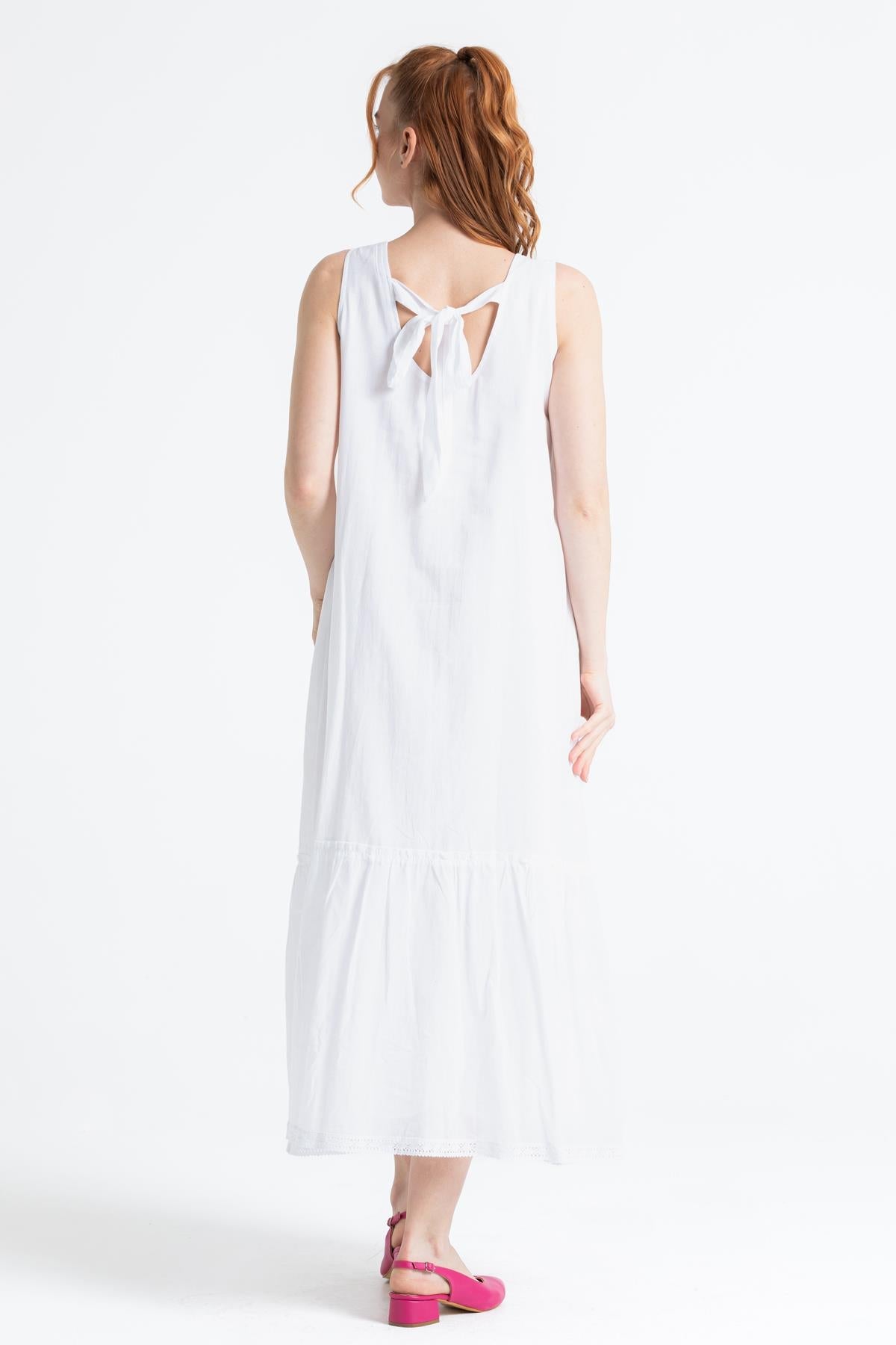 Sleeveless Sile Cloth Embroidered Maxi Dress with Tie - back Detail - trendynow