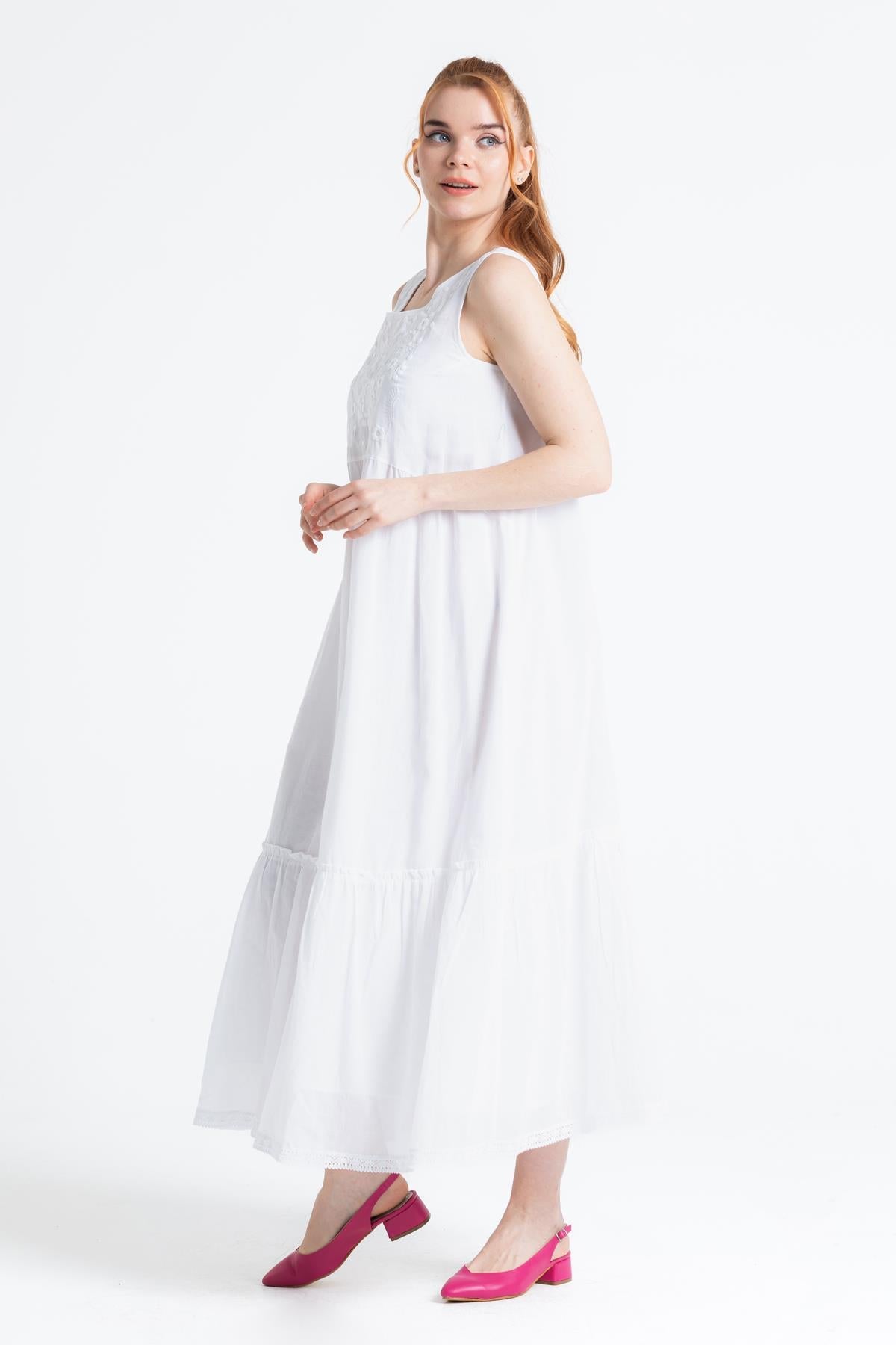 Sleeveless Sile Cloth Embroidered Maxi Dress with Tie - back Detail - trendynow