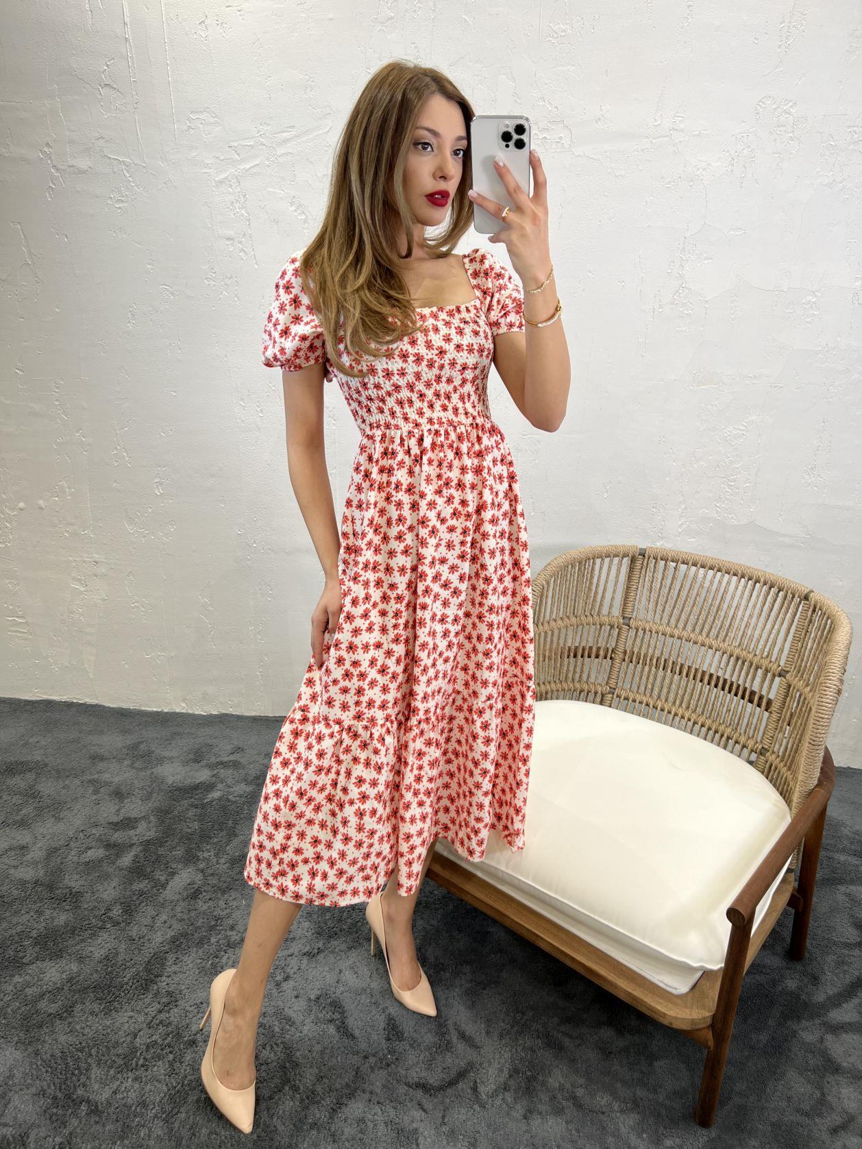 Square Neck Puff Sleeves Shirred Poplin Midi Dress In Floral Print - trendynow