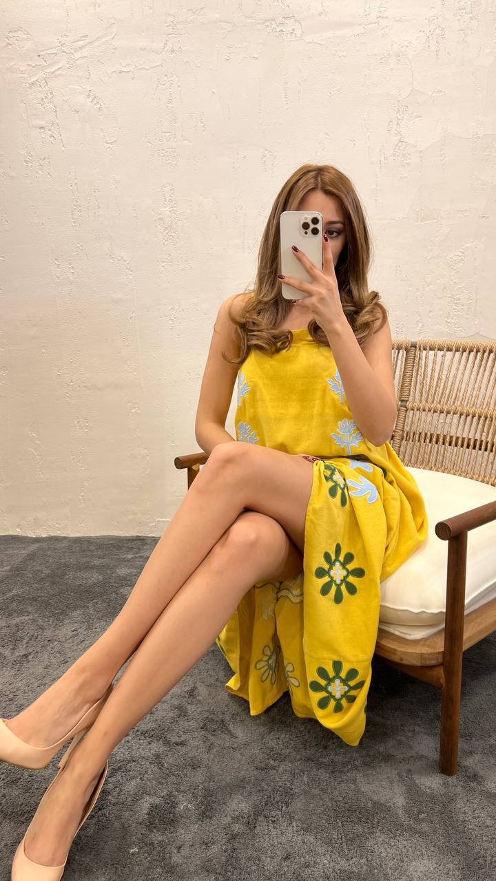 Square Neck Strappy Floral Embroidered Midi Dress In Yellow - trendynow