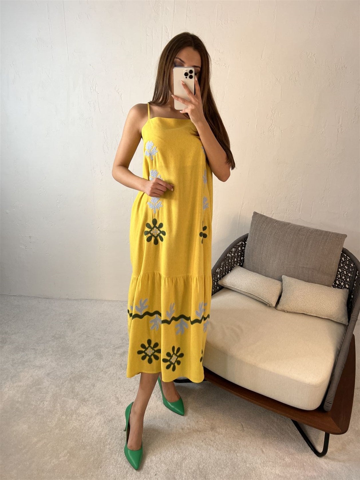 Square Neck Strappy Floral Embroidered Midi Dress In Yellow - trendynow