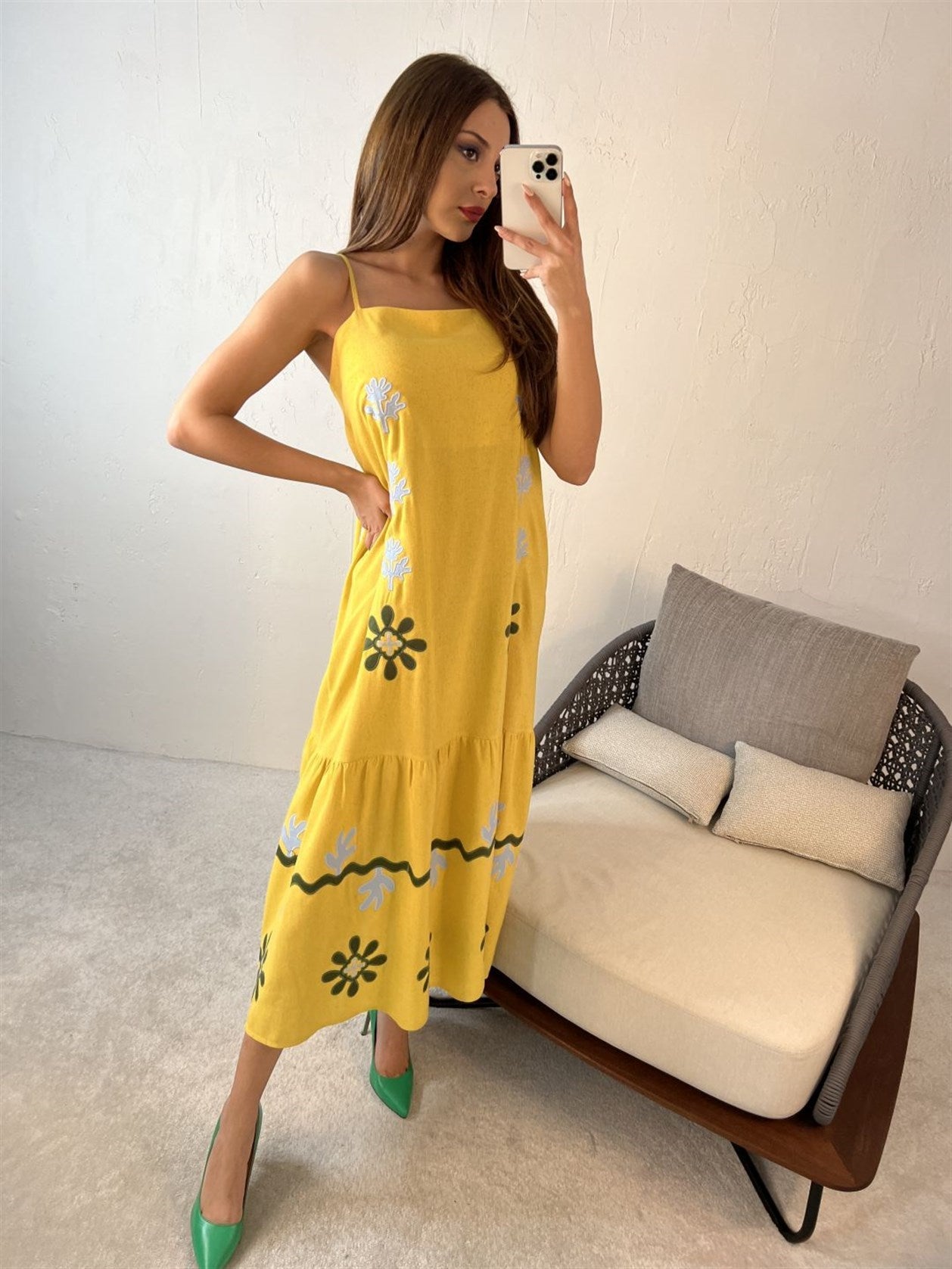 Square Neck Strappy Floral Embroidered Midi Dress In Yellow - trendynow