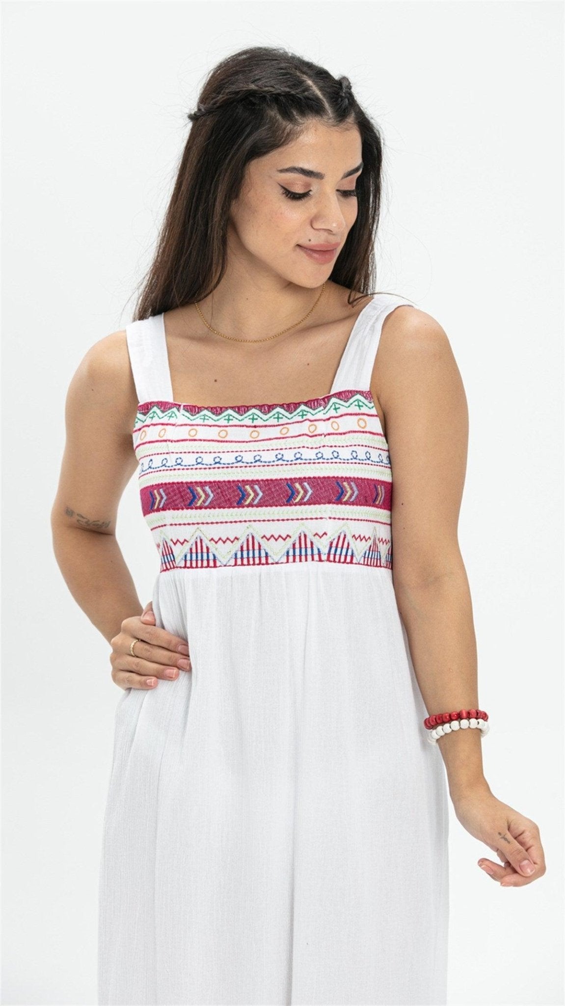 Strappy Ethnic Embroidered White Long Dress - trendynow