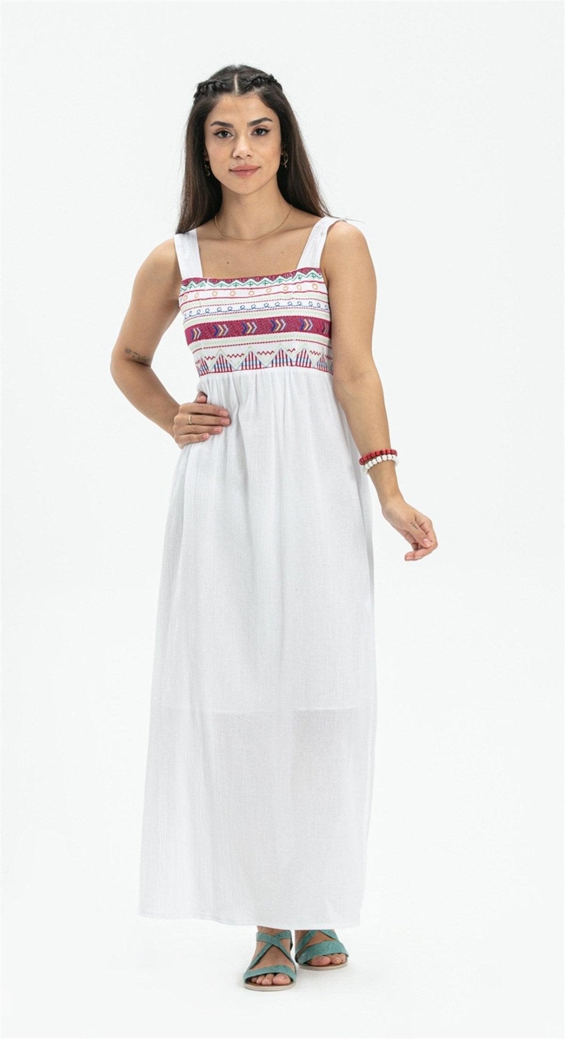 Strappy Ethnic Embroidered White Long Dress - trendynow