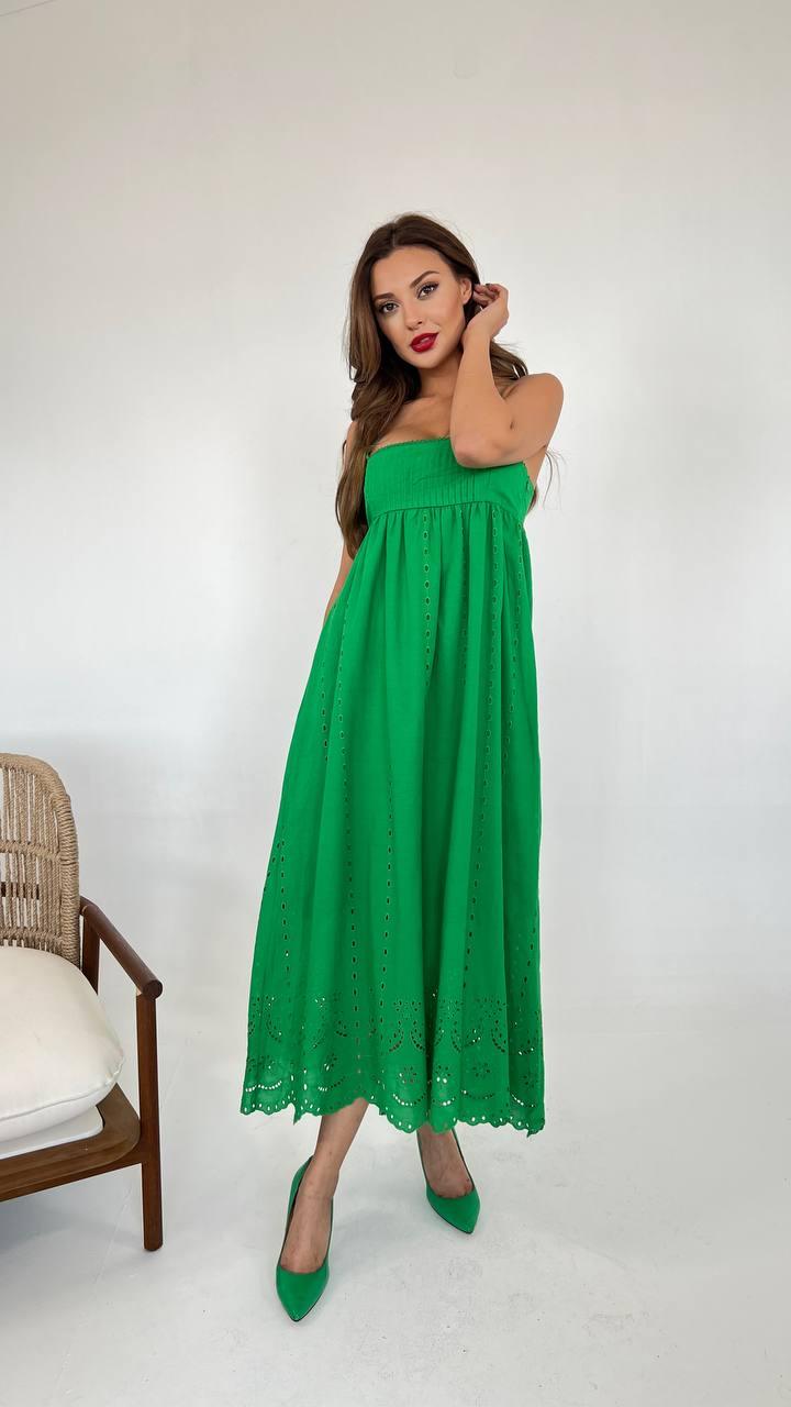 Strappy Square Neck Broderie Maxi Dress In Green With Rib Detail On The Chest - trendynow