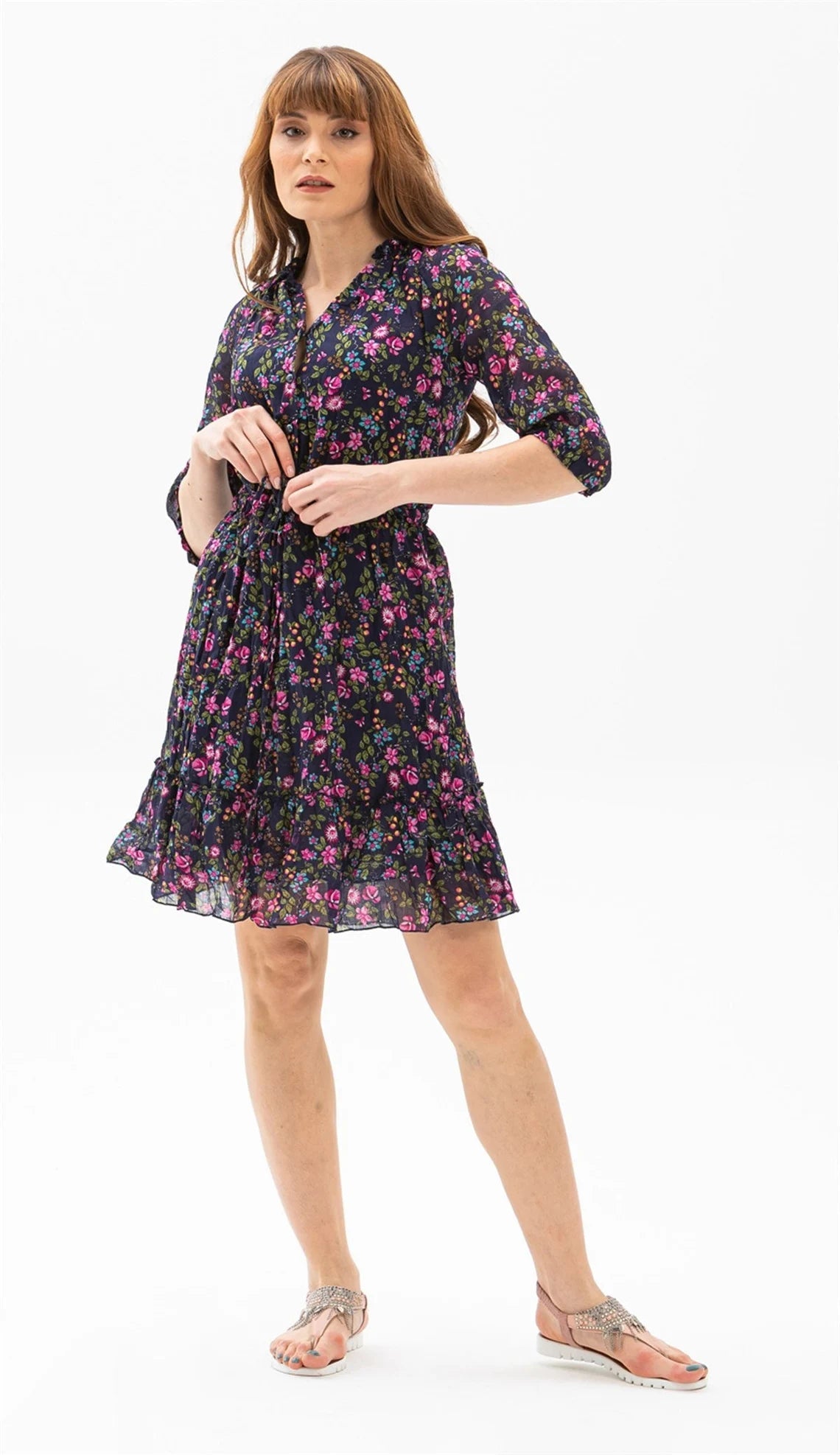 Three Quarter Sleeve Bud Floral Pattern Button Down Short Dark Purple Dress - trendynow