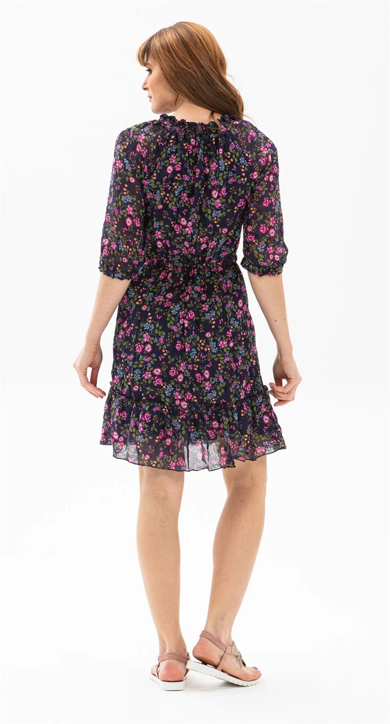 Three Quarter Sleeve Bud Floral Pattern Button Down Short Dark Purple Dress - trendynow