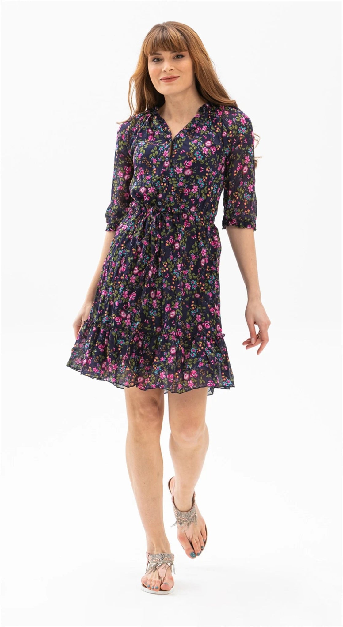 Three Quarter Sleeve Bud Floral Pattern Button Down Short Dark Purple Dress - trendynow