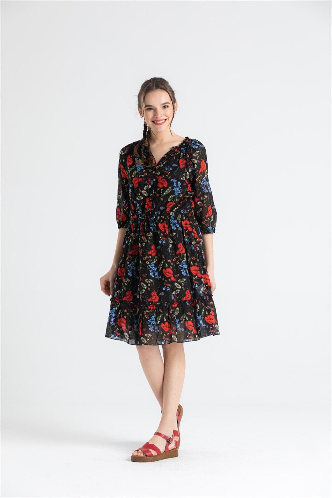 Three Quarter Sleeve Poppy Flower Pattern Button Down Short Black Dress - trendynow