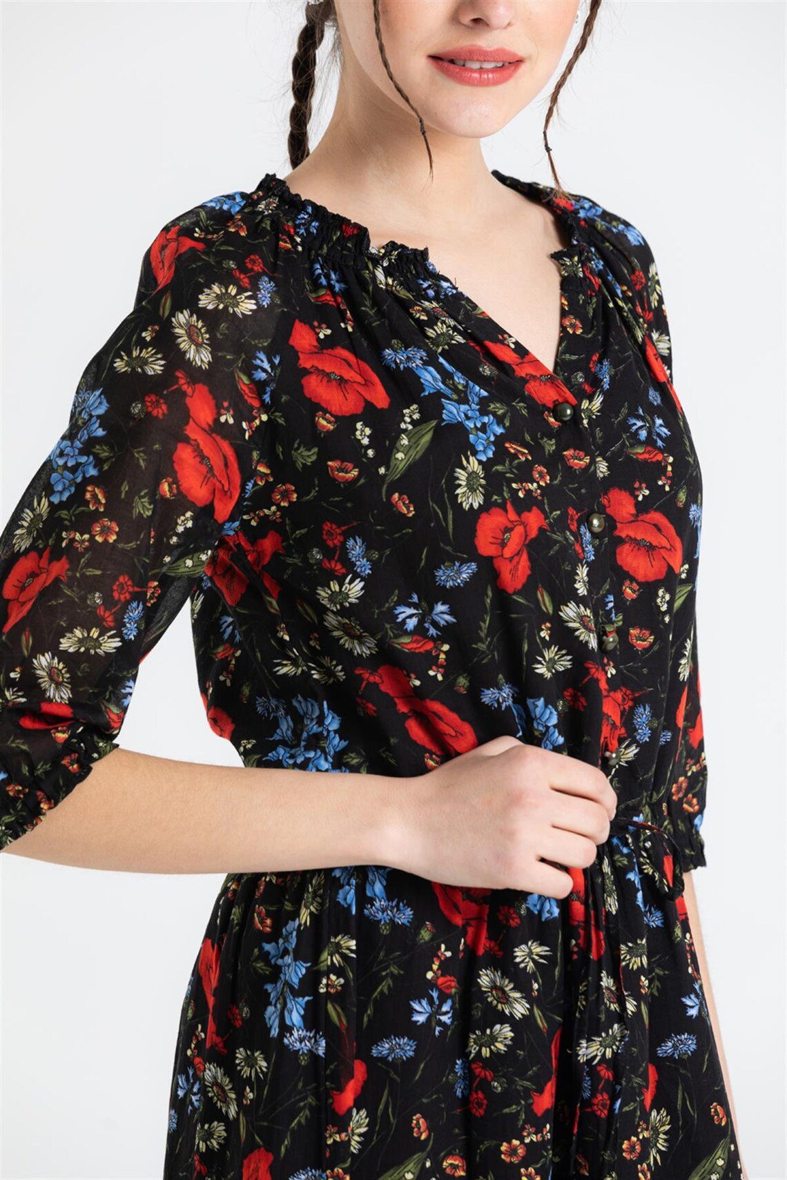 Three Quarter Sleeve Poppy Flower Pattern Button Down Short Black Dress - trendynow