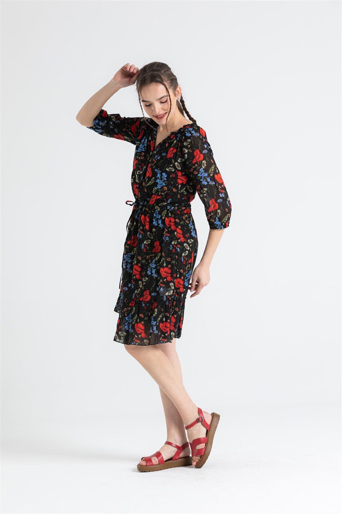 Three Quarter Sleeve Poppy Flower Pattern Button Down Short Black Dress - trendynow