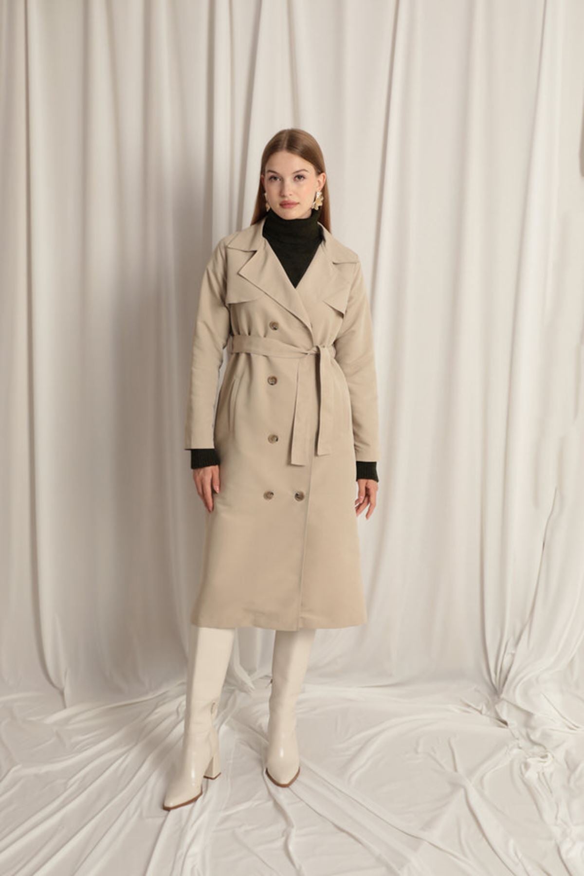 Torino Fabric Liquid Proof Maxi Length Women's Stone Trench Coat - trendynow