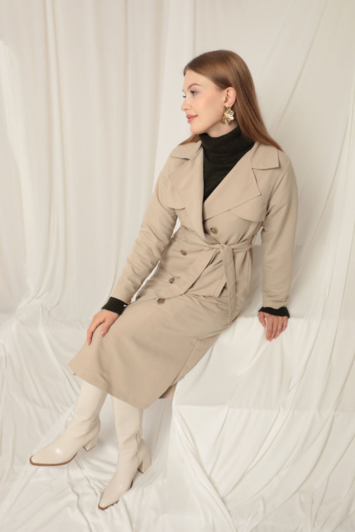 Torino Fabric Liquid Proof Maxi Length Women's Stone Trench Coat - trendynow