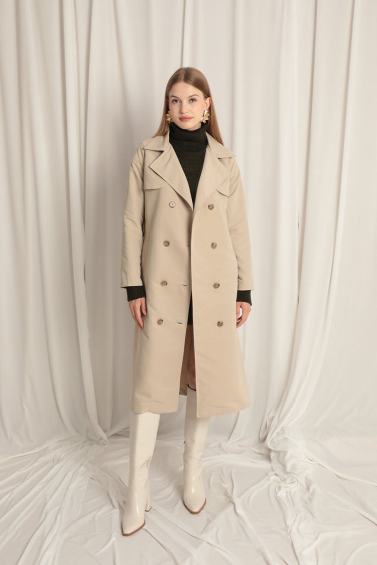 Torino Fabric Liquid Proof Maxi Length Women's Stone Trench Coat - trendynow