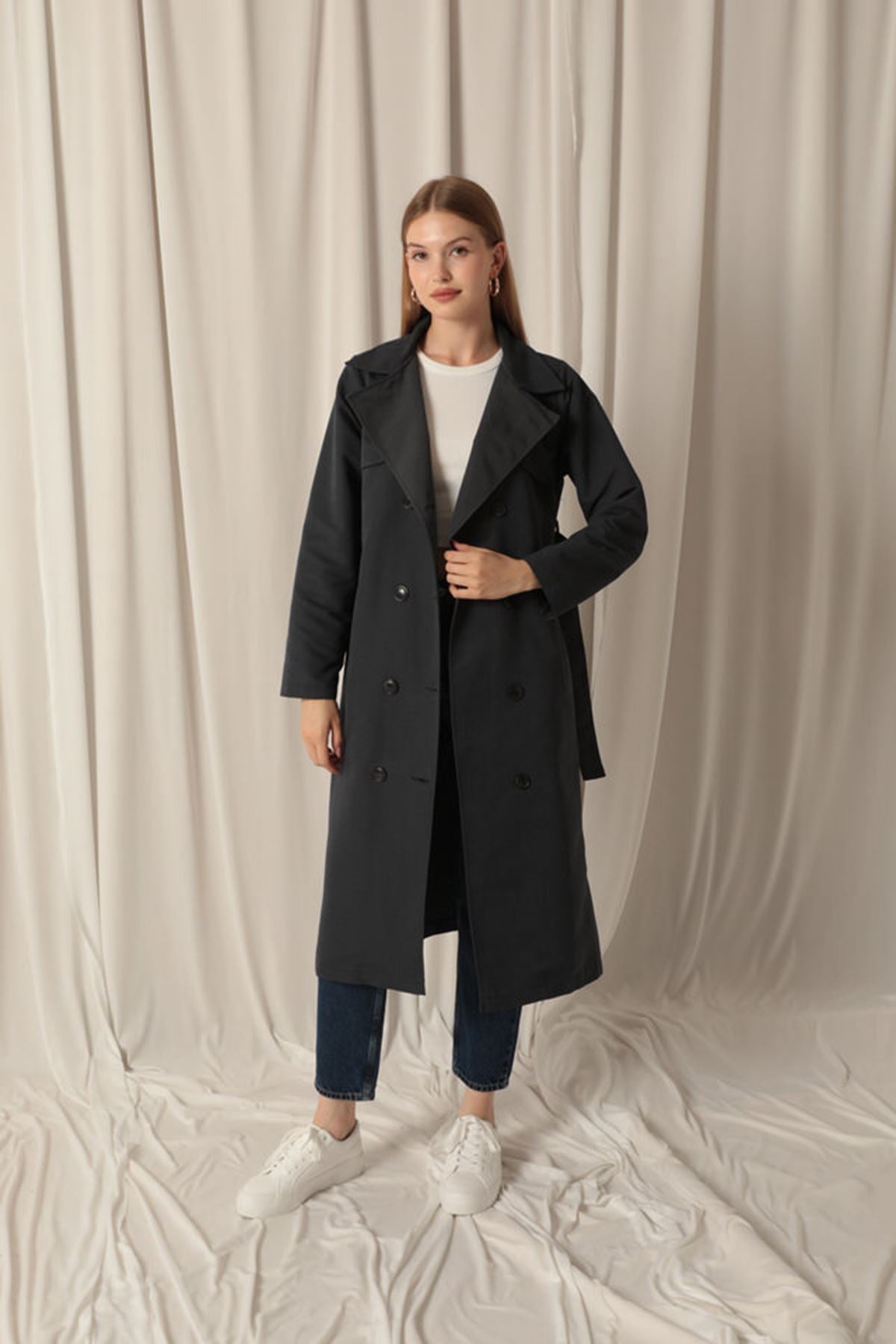 Torino Fabric Liquid Proof Women's Anthracite Trench Coat - trendynow