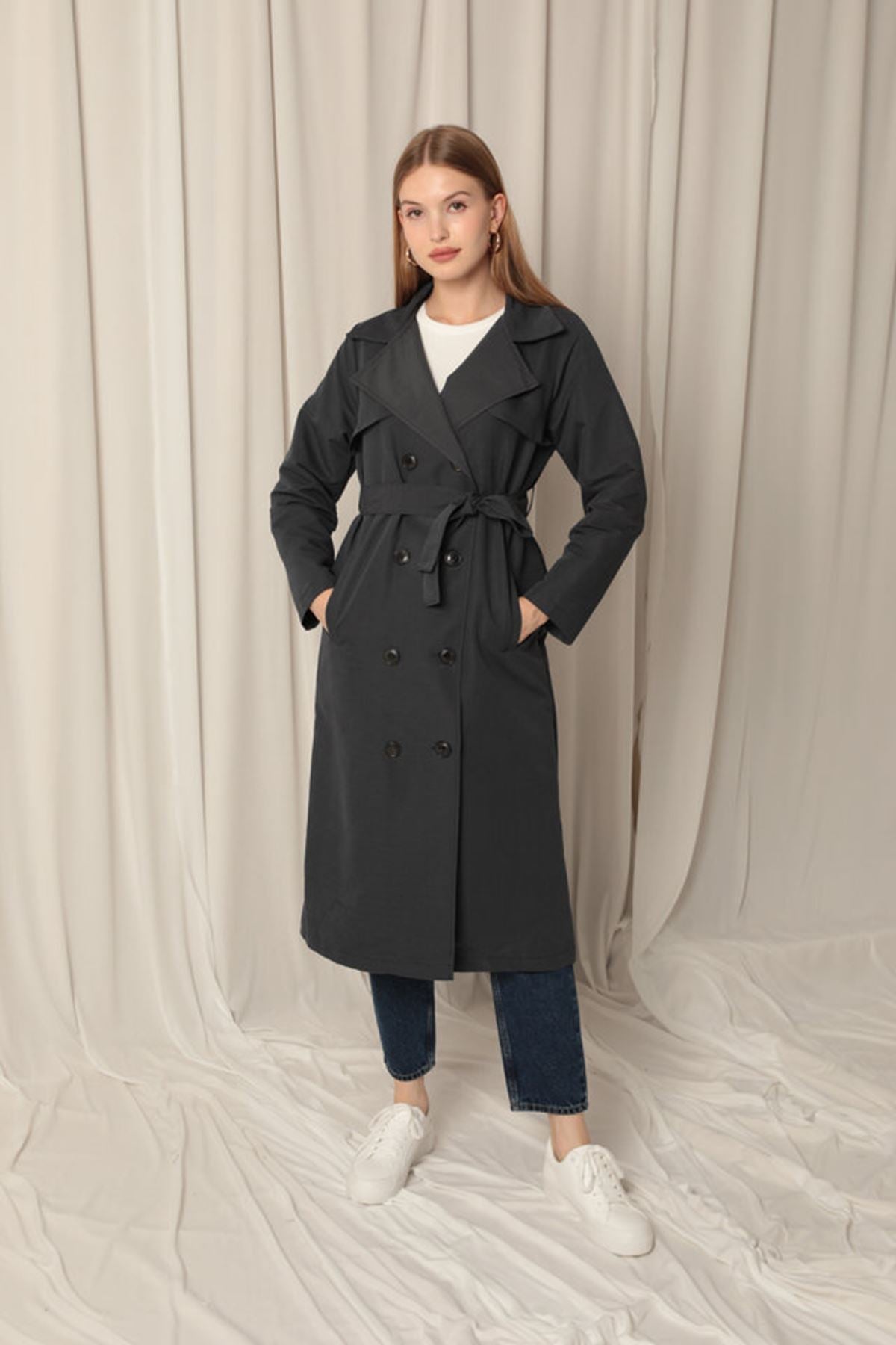 Torino Fabric Liquid Proof Women's Anthracite Trench Coat - trendynow