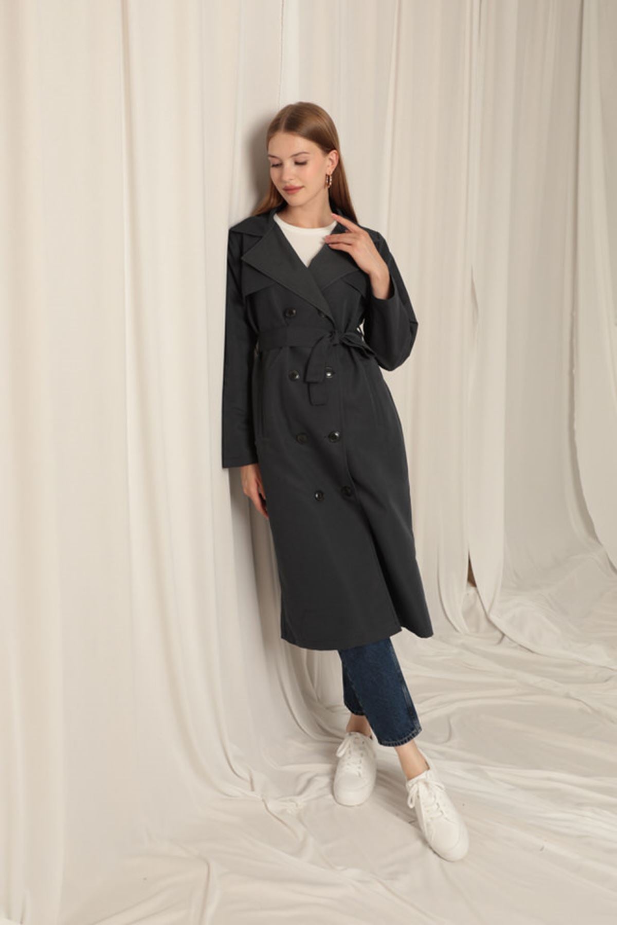 Torino Fabric Liquid Proof Women's Anthracite Trench Coat - trendynow