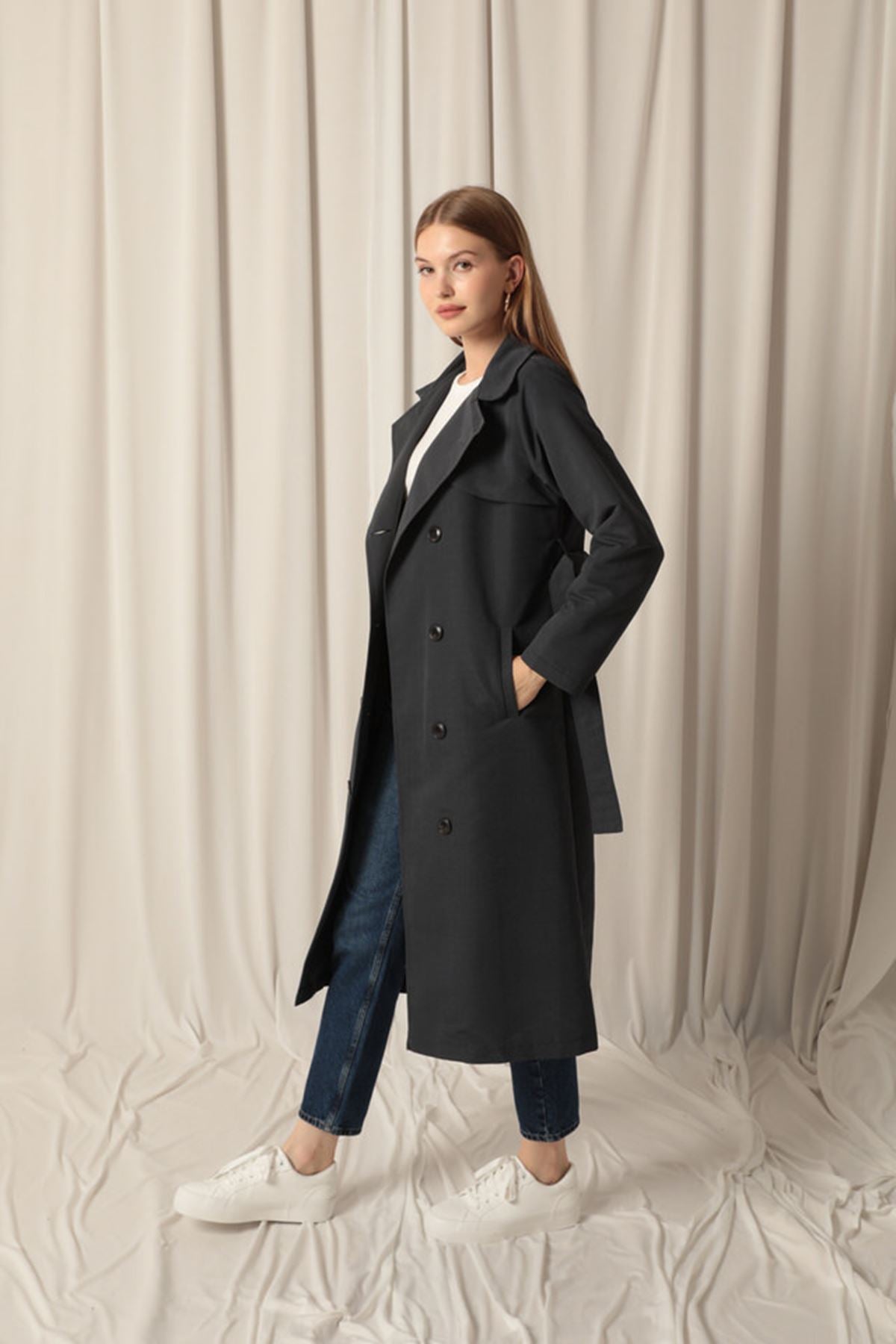 Torino Fabric Liquid Proof Women's Anthracite Trench Coat - trendynow