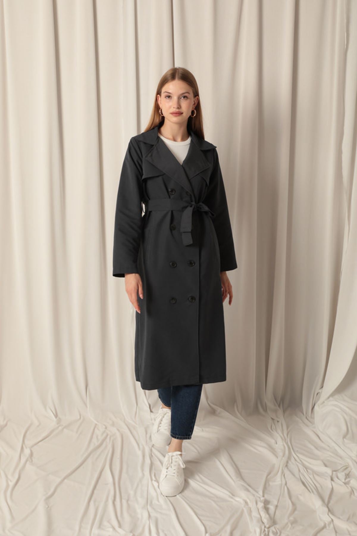 Torino Fabric Liquid Proof Women's Anthracite Trench Coat - trendynow