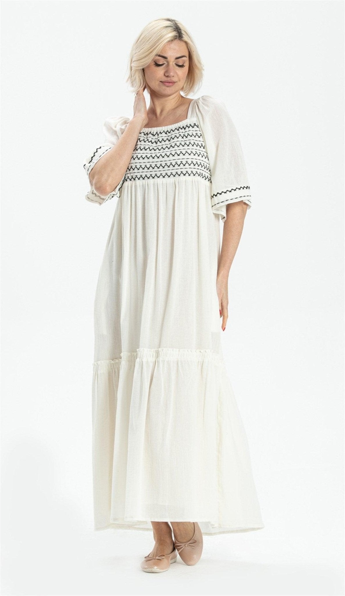 Trojan Sleeve Embroidered Double - pocket Long Dress - trendynow