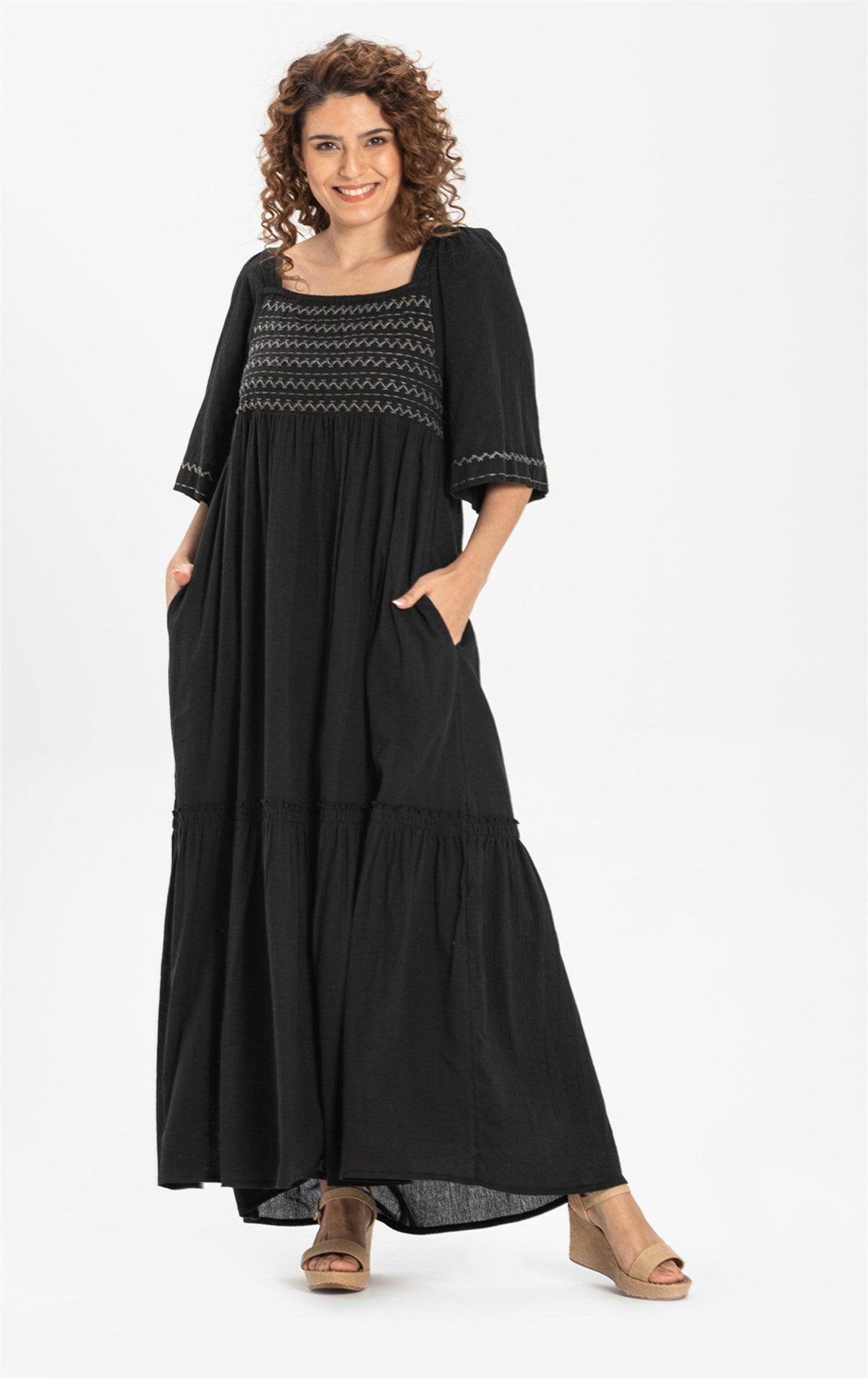 Trojan Sleeve Embroidered Double - pocket Long Dress - trendynow