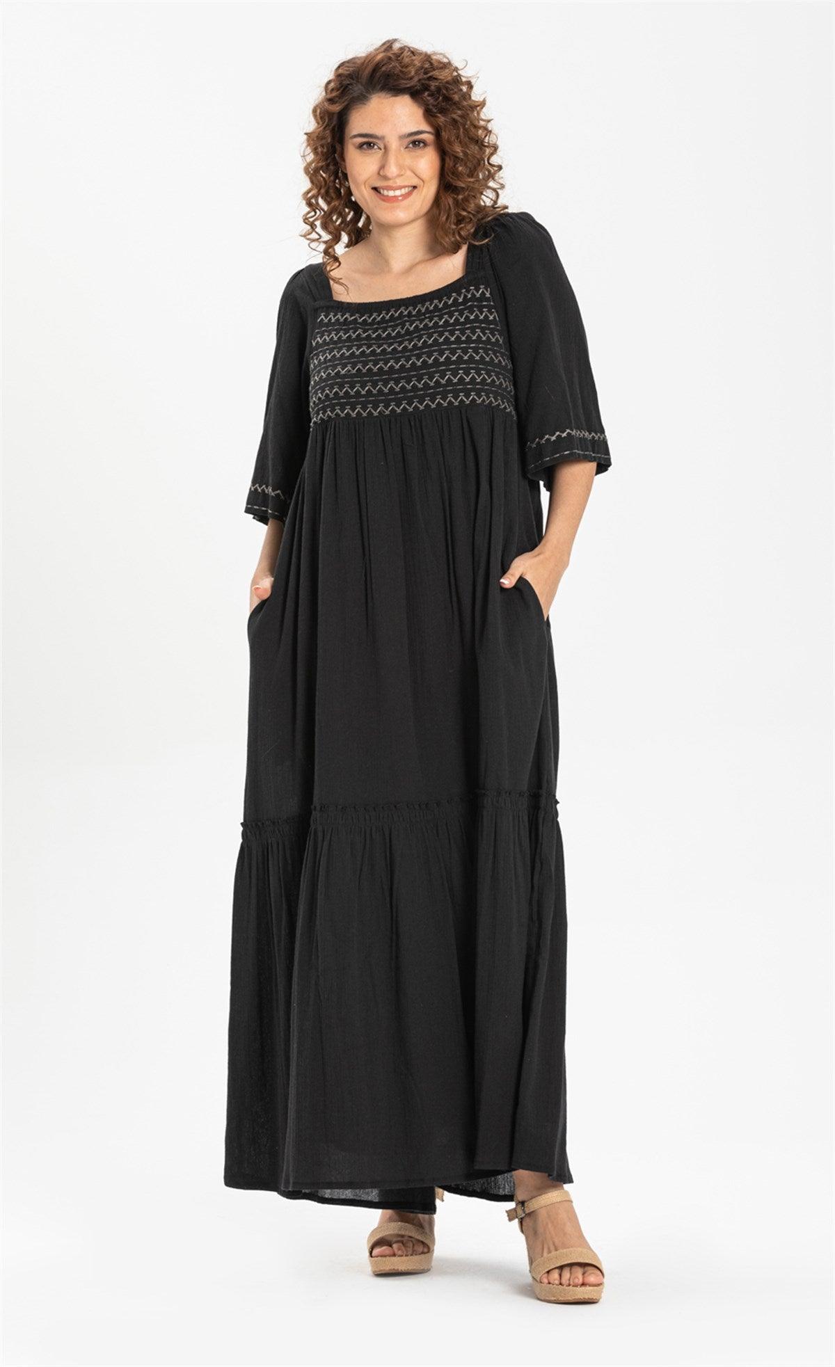 Trojan Sleeve Embroidered Double - pocket Long Dress - trendynow