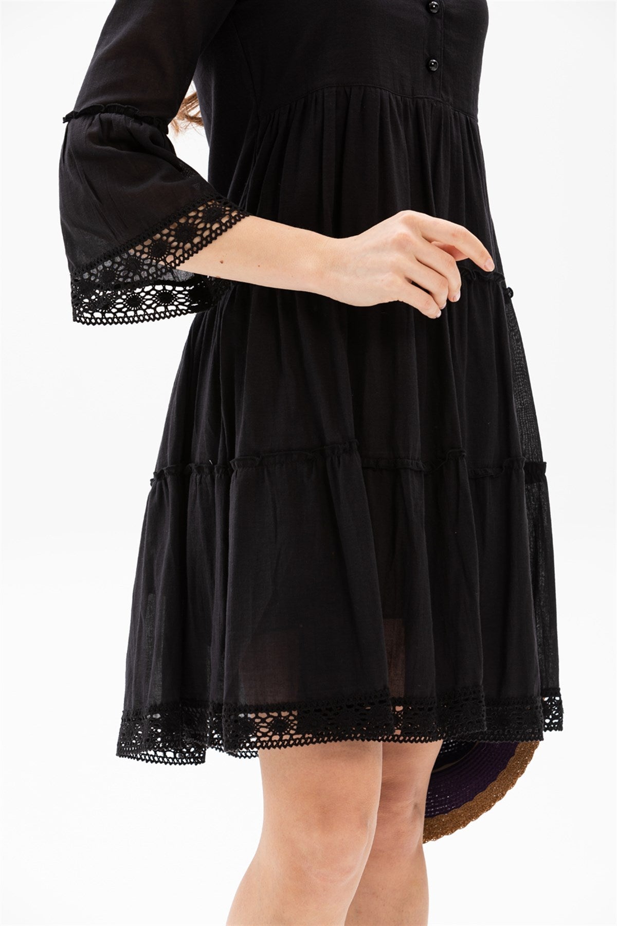 Trojan Sleeve Voile Dress with Guipure Lace Details - trendynow