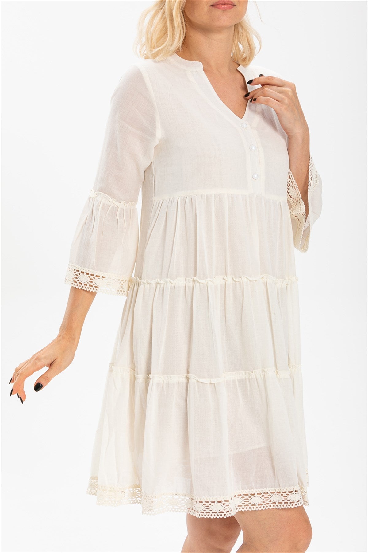 Trojan Sleeve Voile Dress with Guipure Lace Details - trendynow