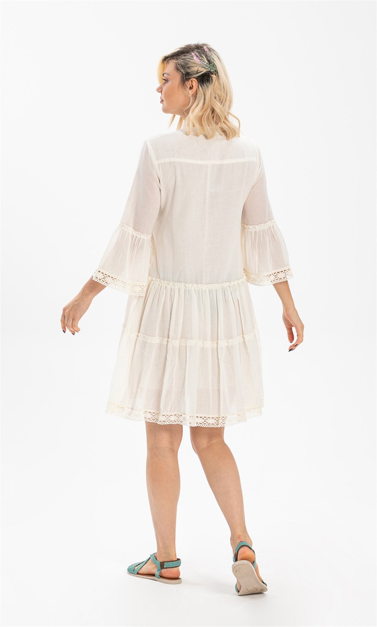 Trojan Sleeve Voile Dress with Guipure Lace Details - trendynow