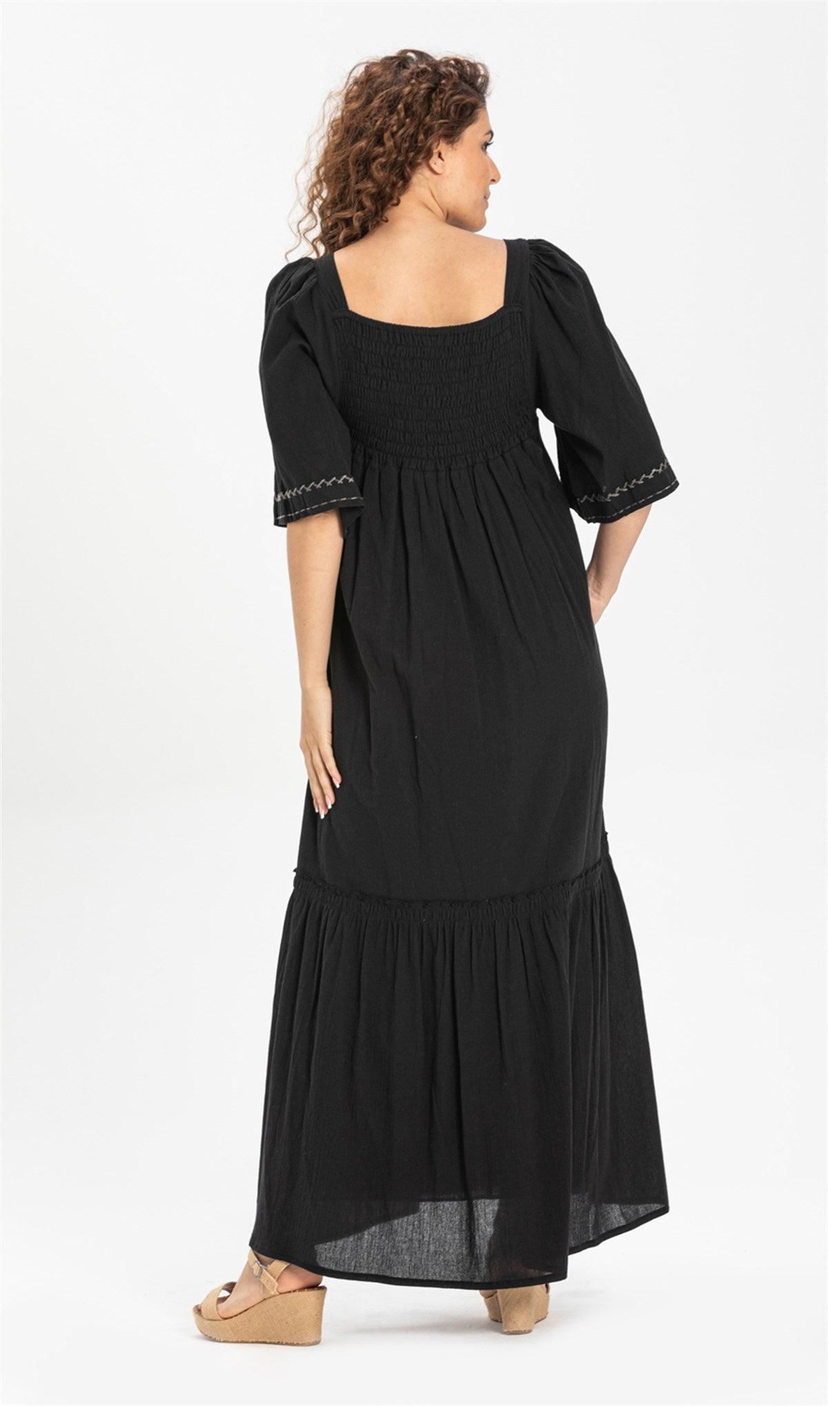 Trojan Sleeve Embroidered Double-pocket Long Dress - trendynow