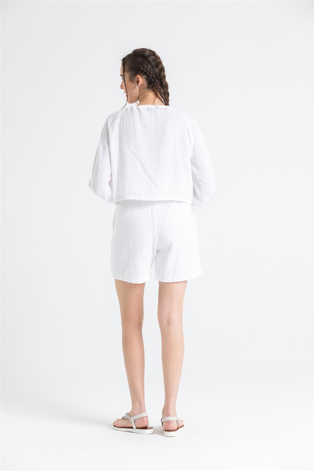 Button-Front Long Sleeve Muslin Blouse - trendynow