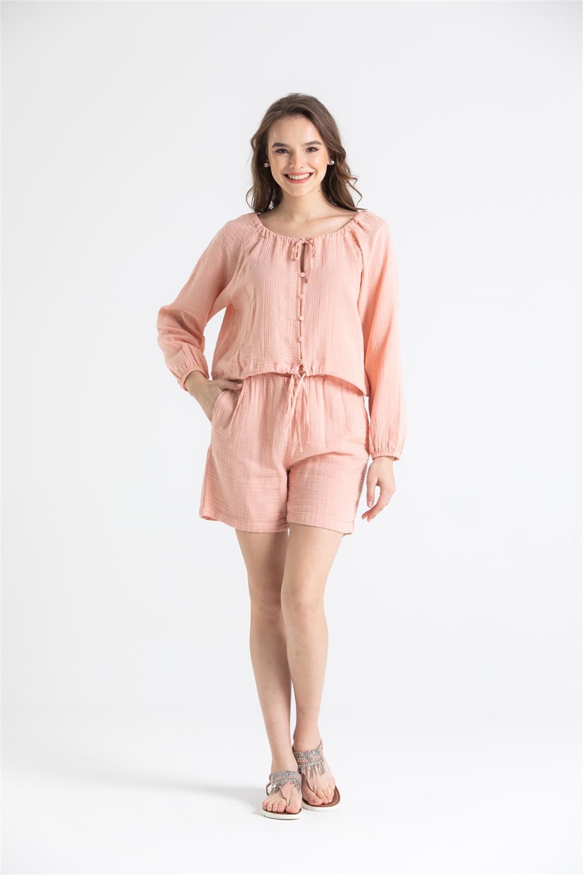 Button-Front Long Sleeve Muslin Blouse - trendynow