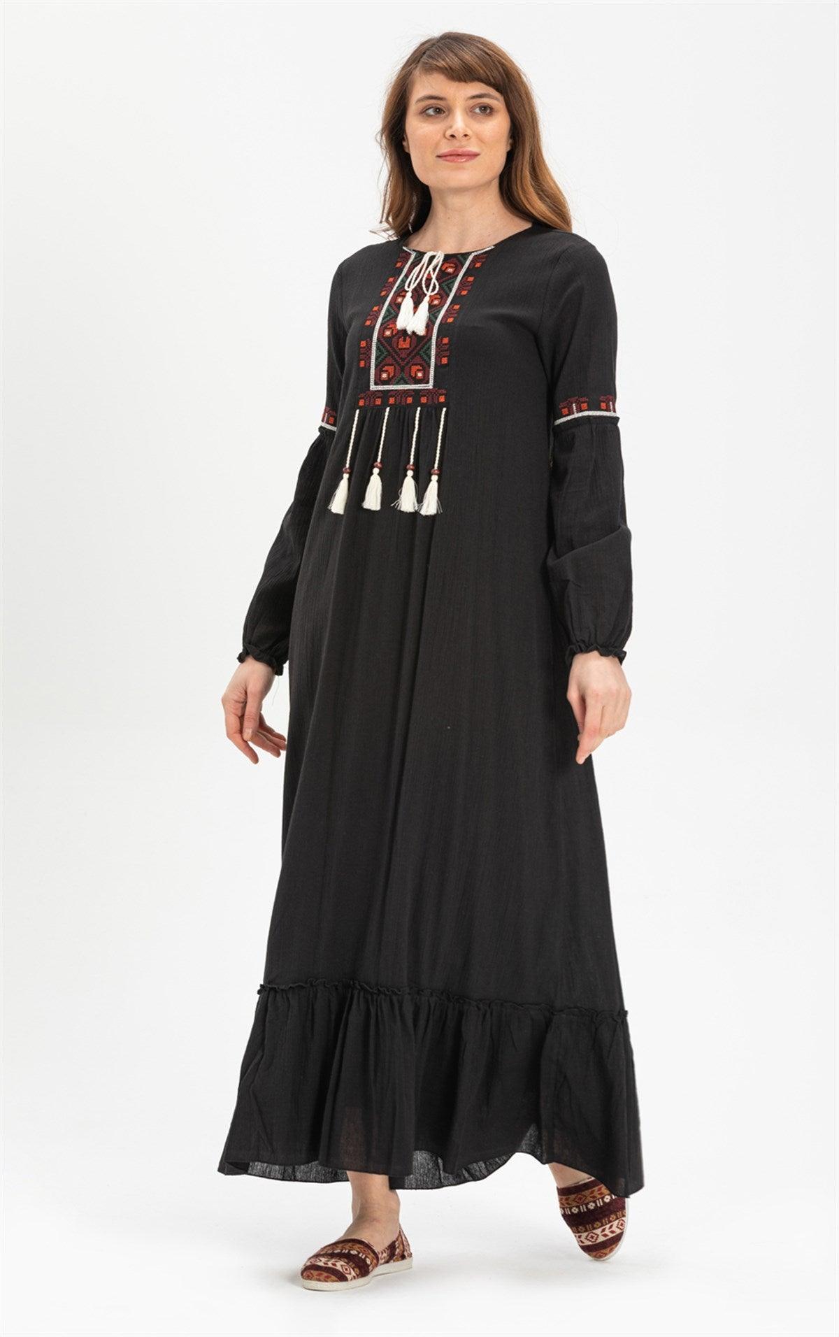 Cross-stitch Embroidery Tassels Detail Long Sleeve Long Dress - trendynow