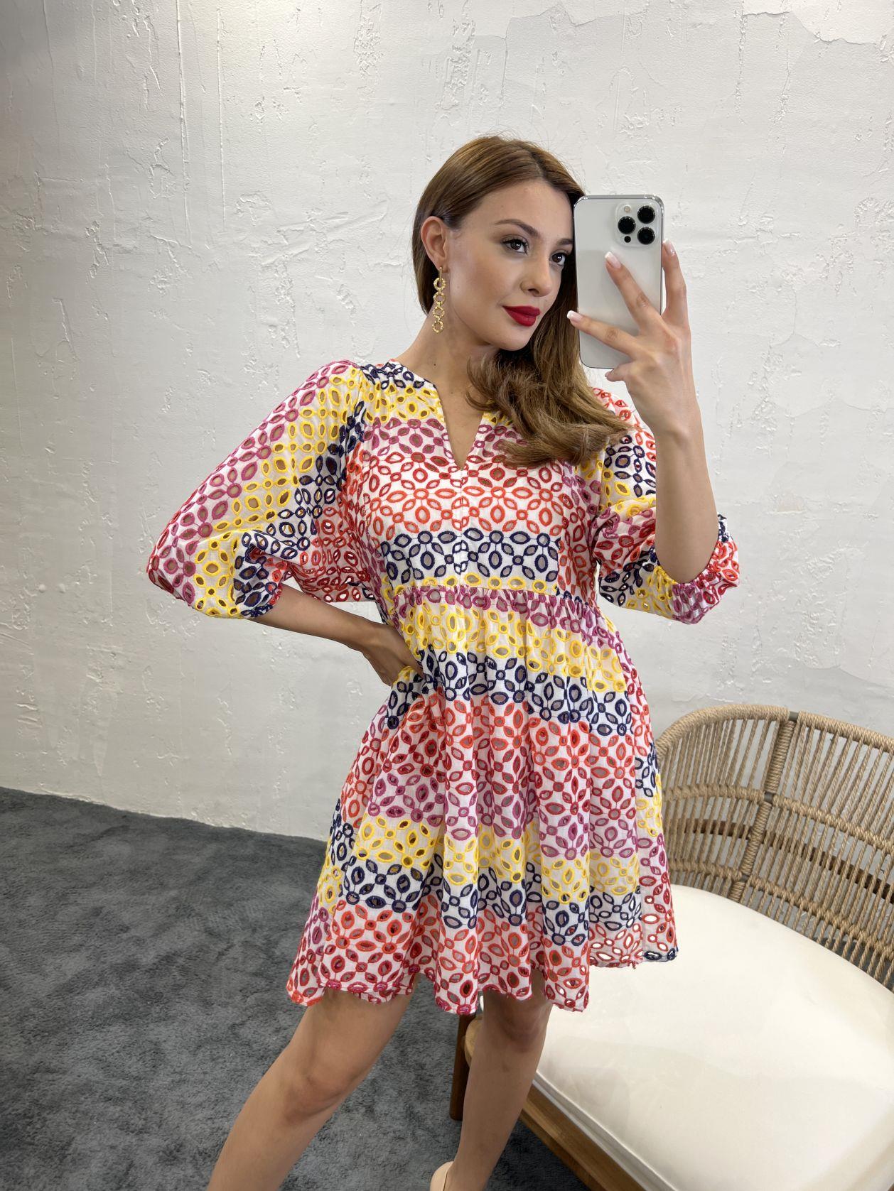 V - neck Puff Sleeve Mini Broderie Smock Dress In Multi Color - trendynow