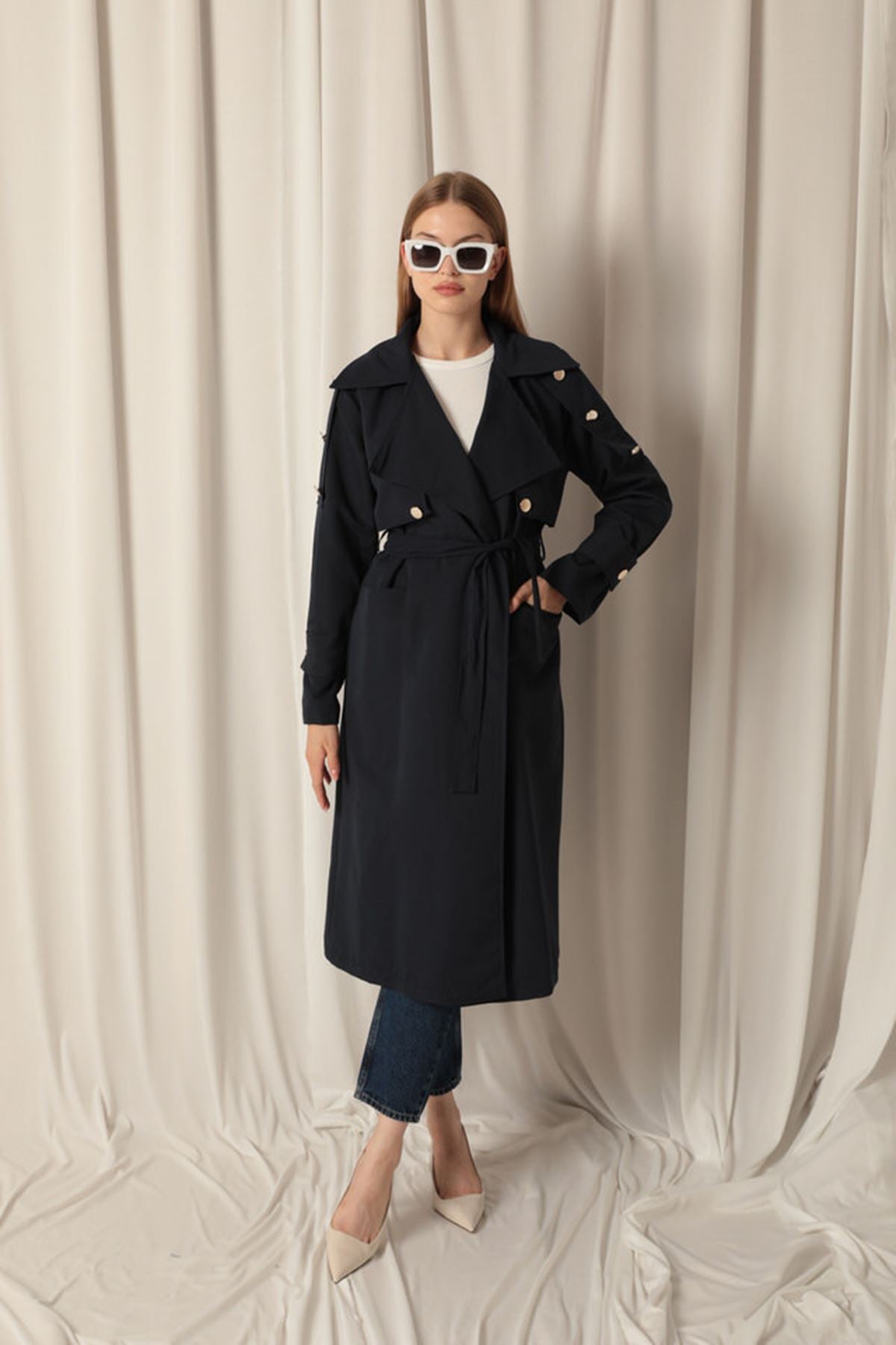 Woven Fabric Waterproof Buttoned Women's Navy Blue Trench Coat - trendynow