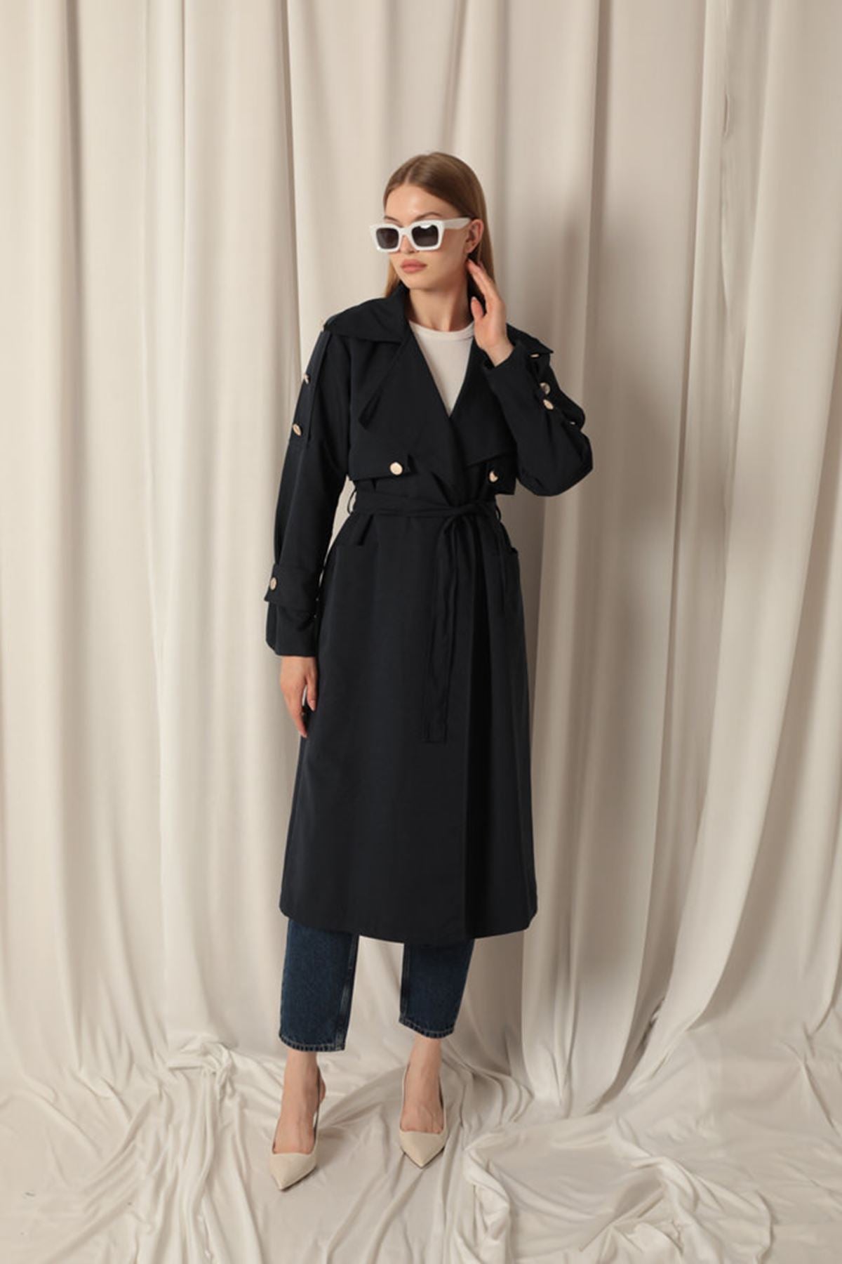 Woven Fabric Waterproof Buttoned Women's Navy Blue Trench Coat - trendynow